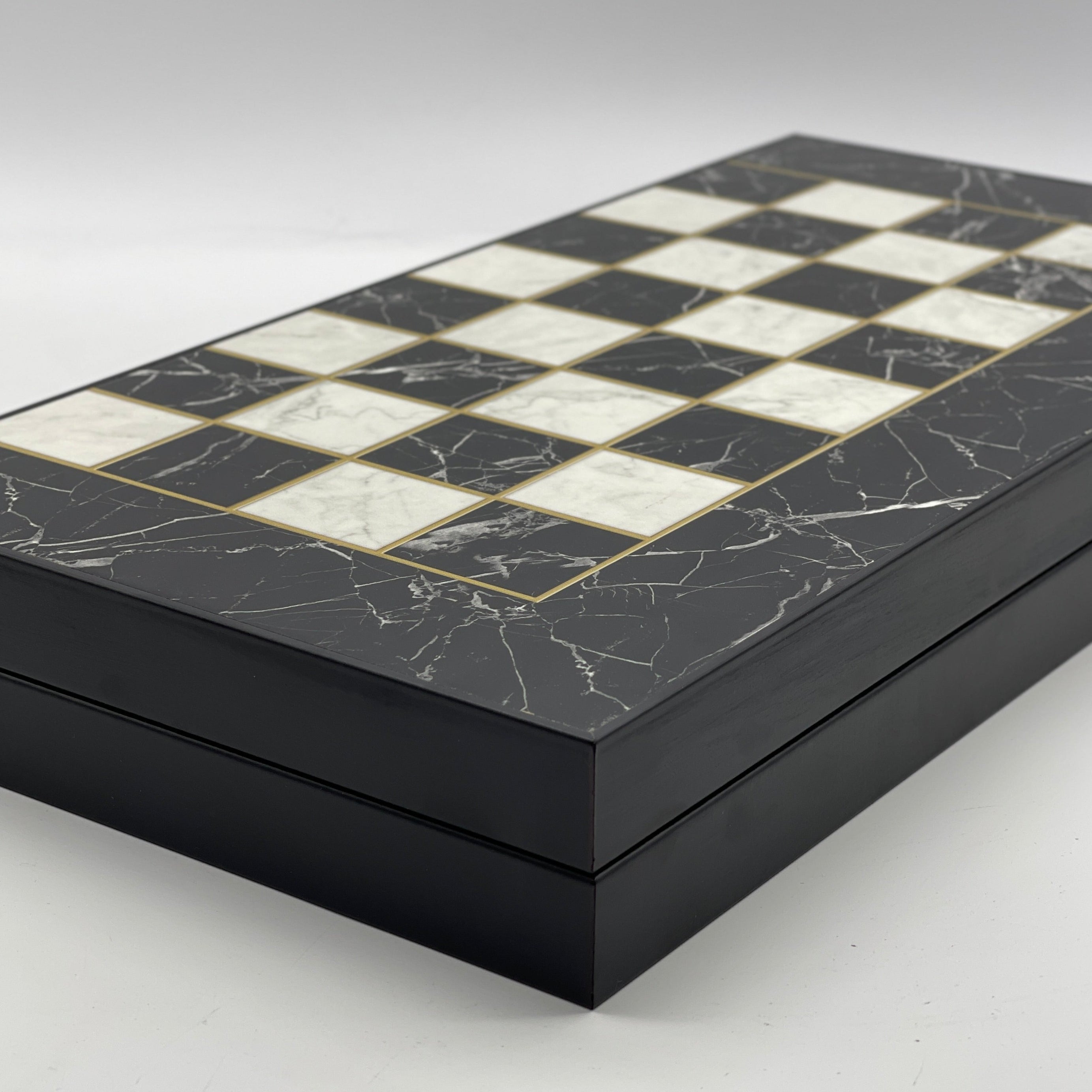 Handmade Black Marble Pattern Backgammon Set With Crusaders Chess Pieces
