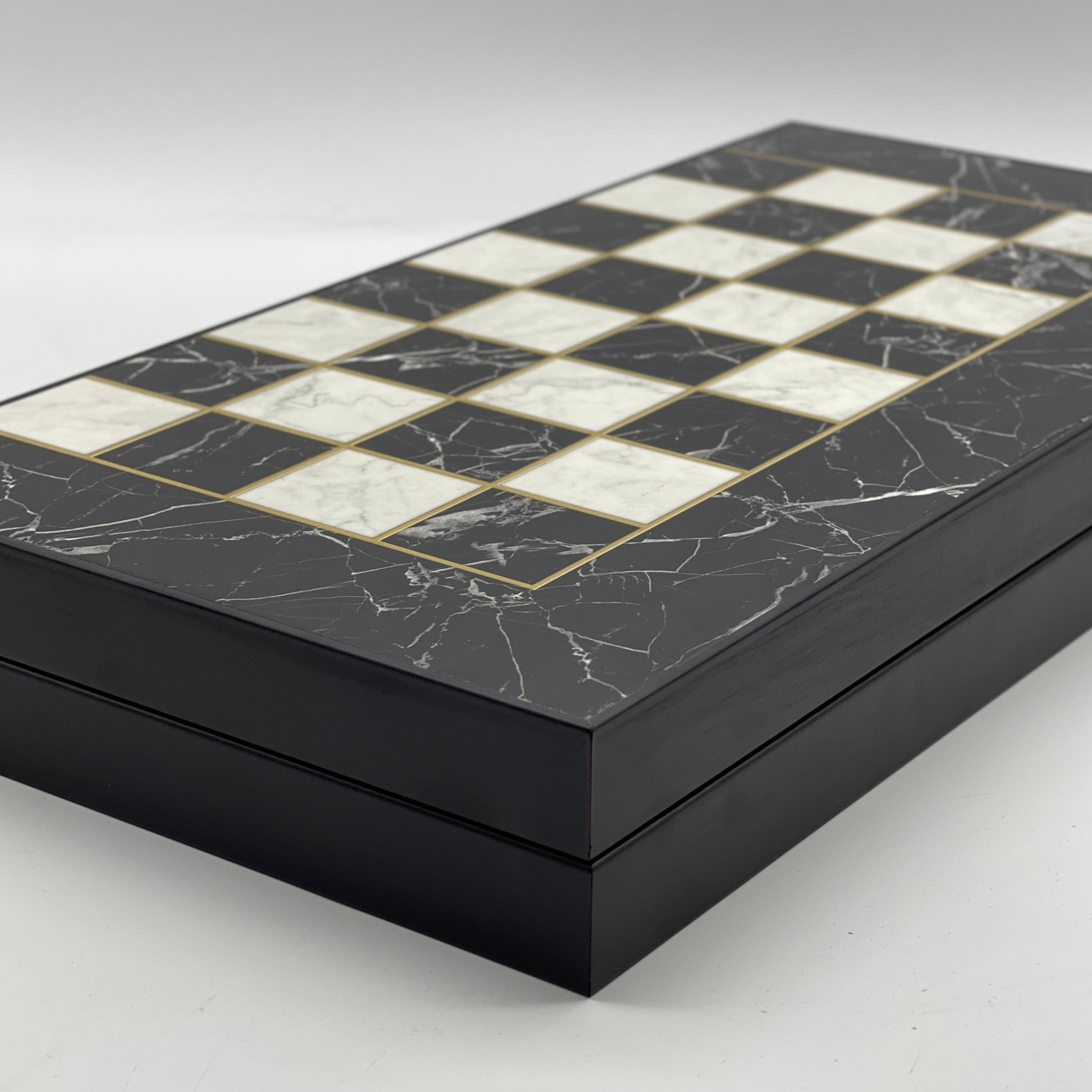 Handmade Black Marble Pattern Backgammon Set With Wooden Chess Pieces