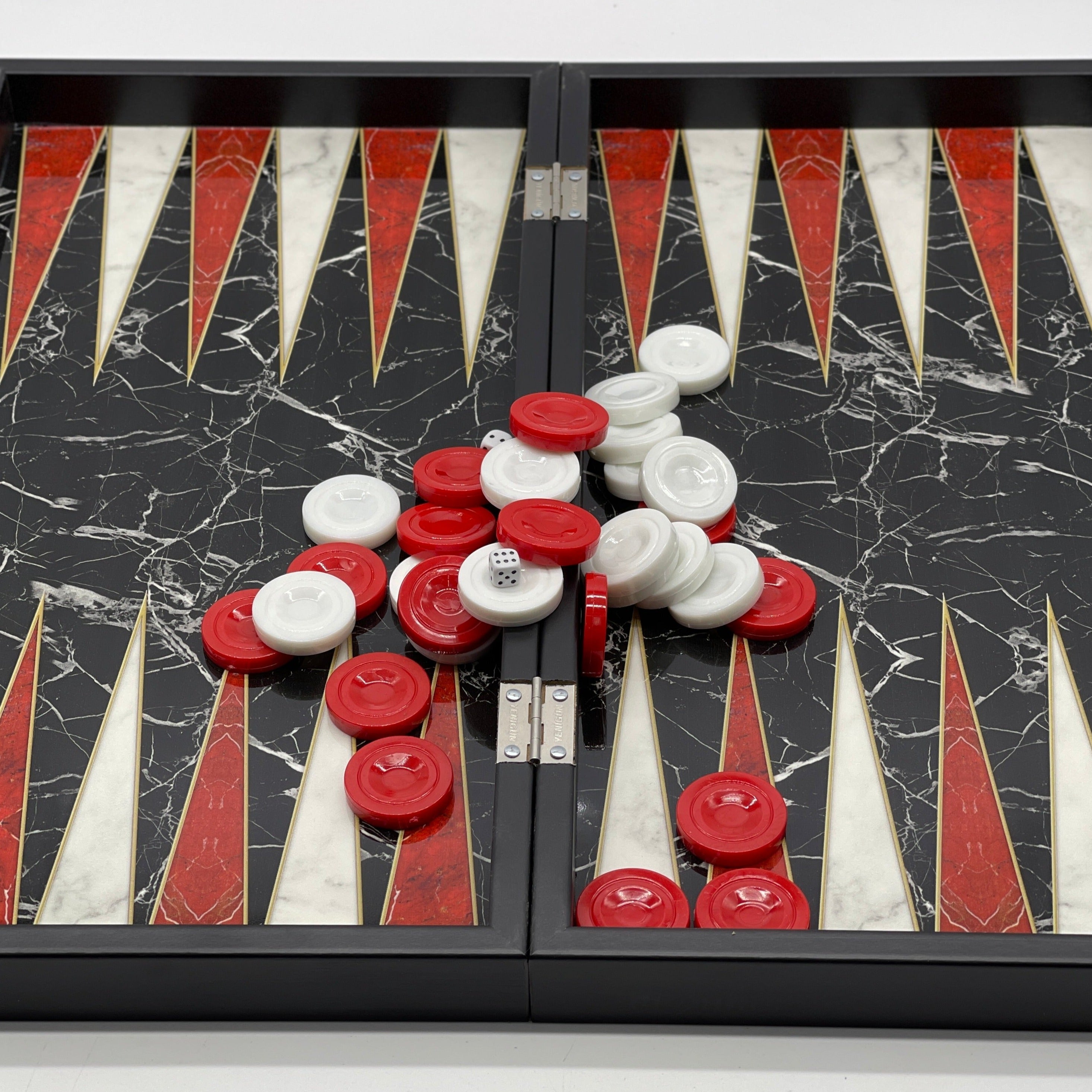 Handmade Black Marble Pattern Backgammon Set With Crusaders Chess Pieces