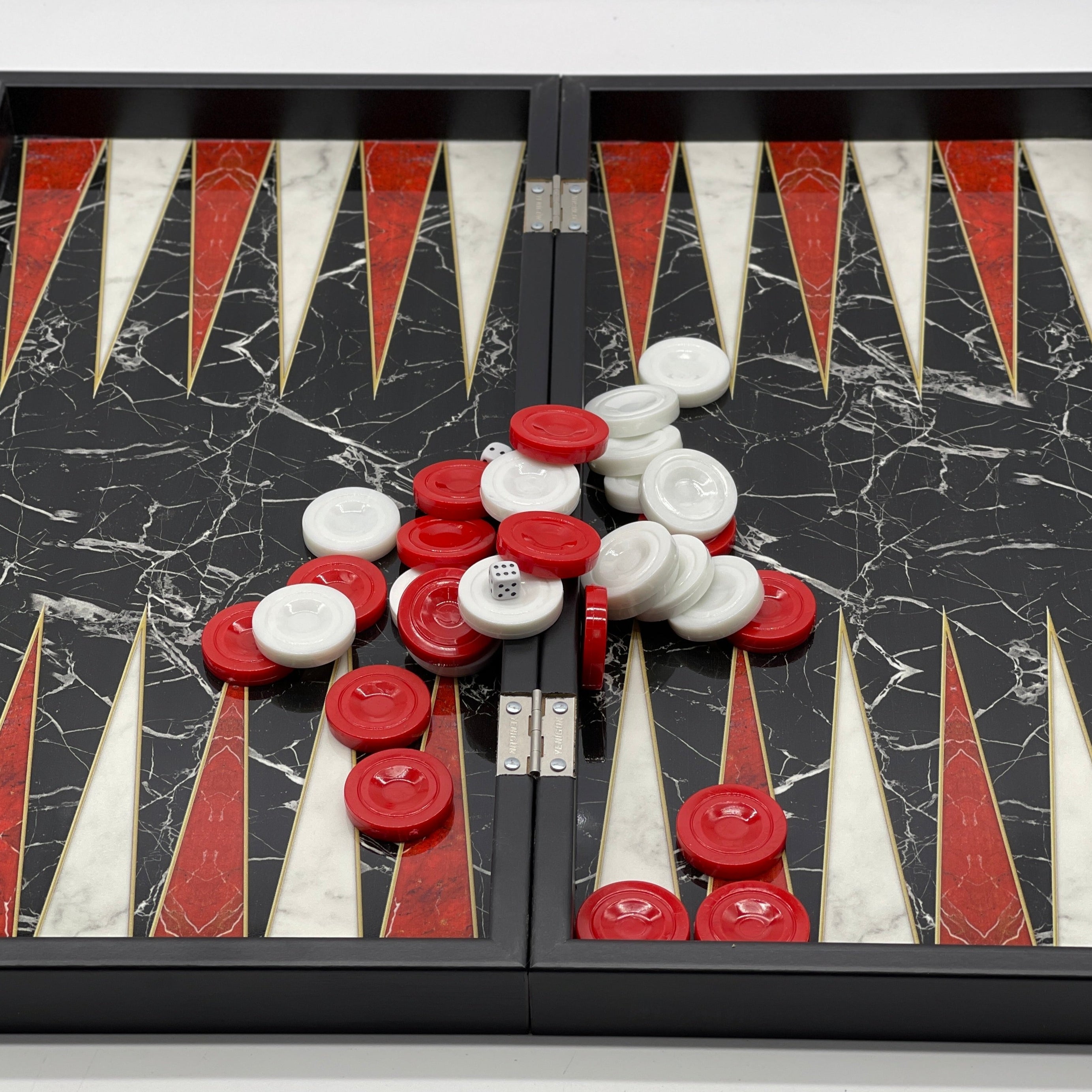 Handmade Black Marble Pattern Backgammon Set With Camelot Chess Pieces
