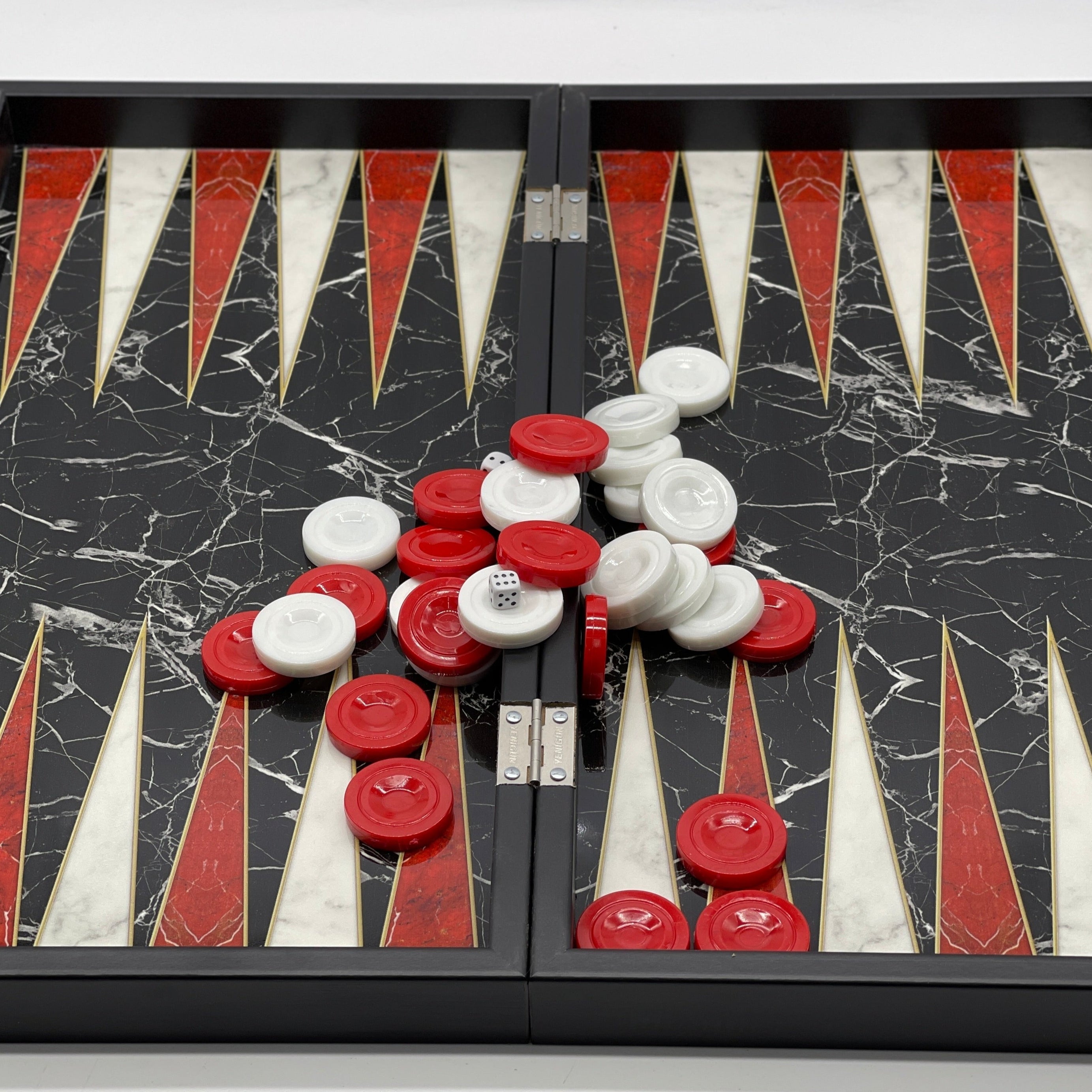 Handmade Black Marble Pattern Backgammon Set With Egyptian Chess Pieces