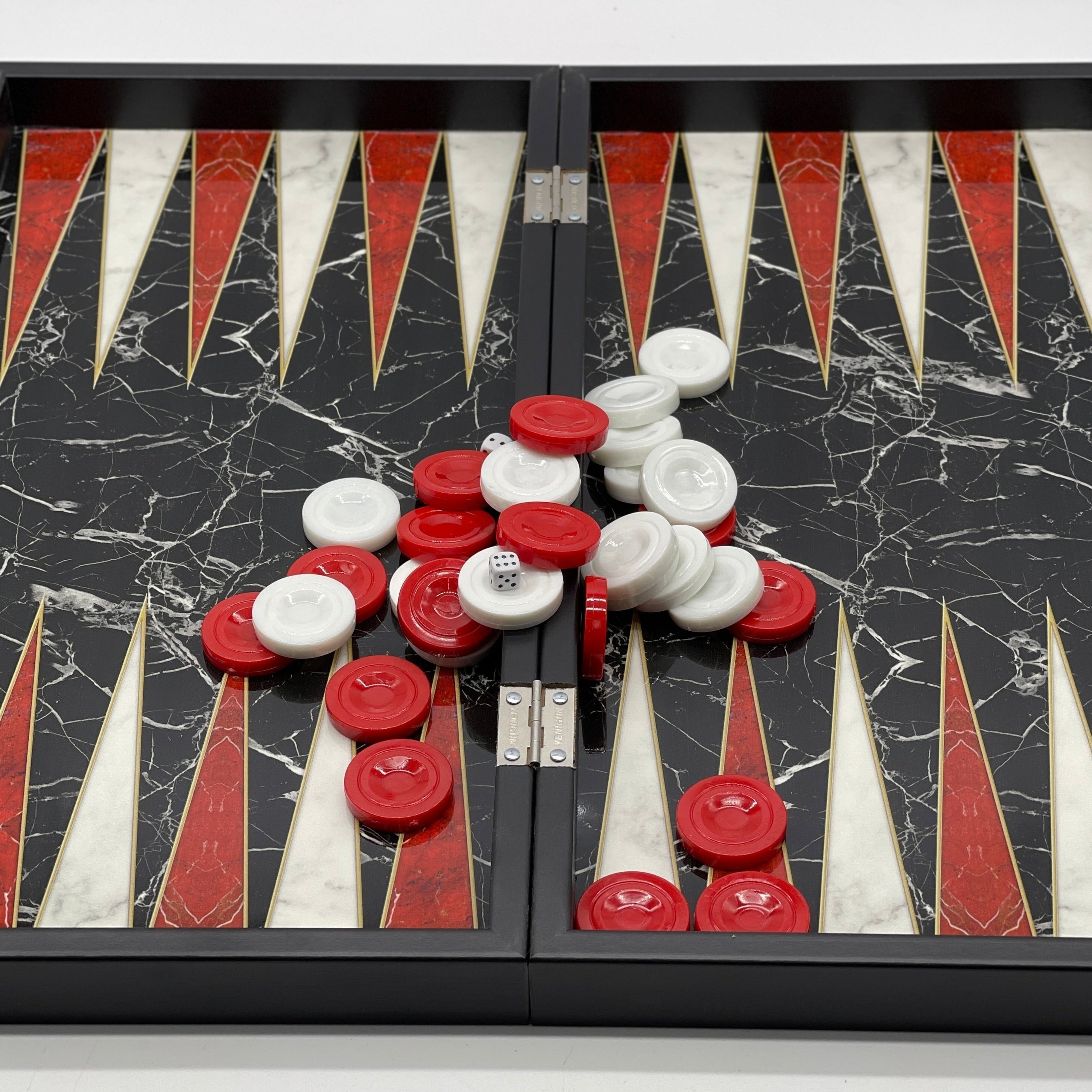 Handmade Black Marble Pattern Backgammon Set With Wooden Chess Pieces