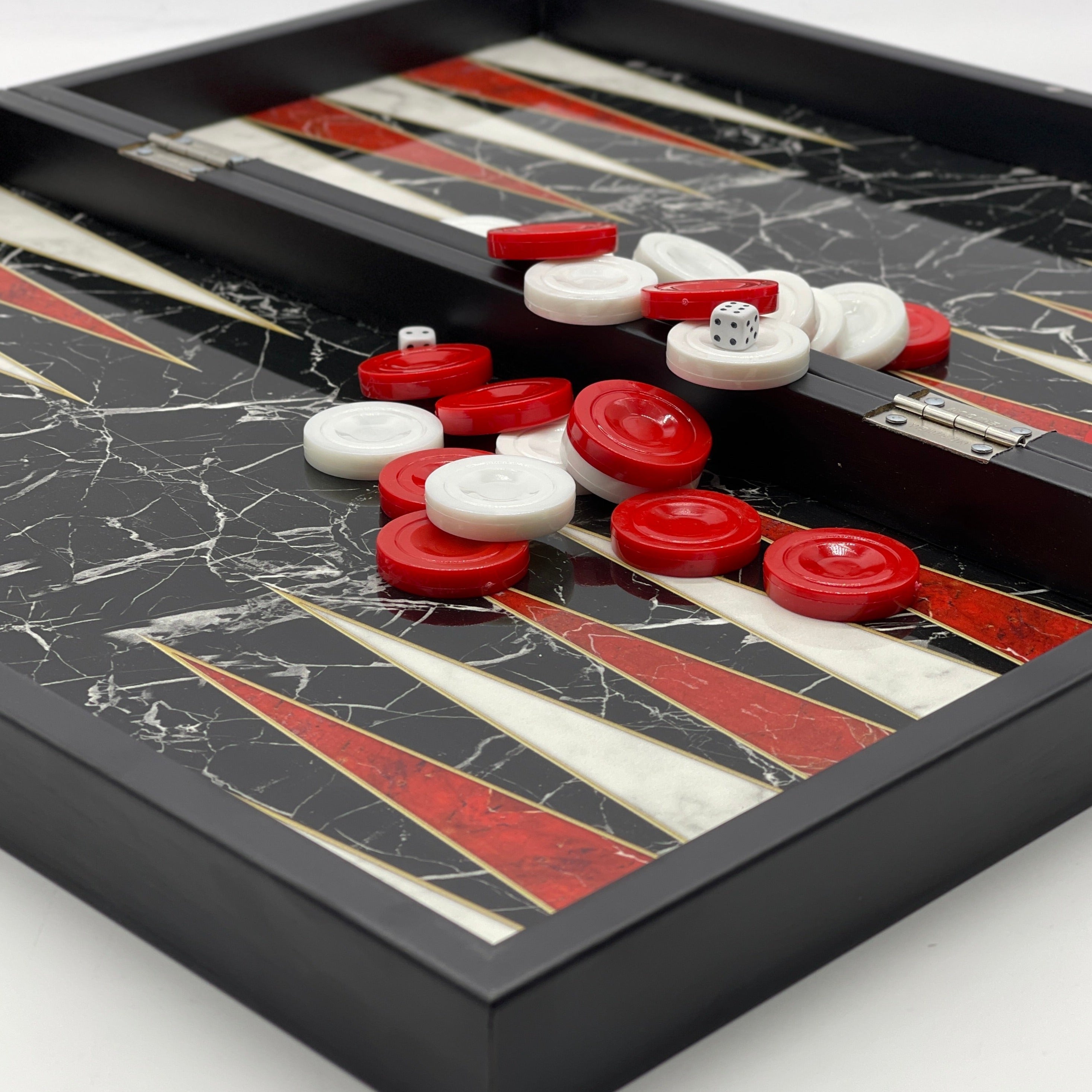Handmade Black Marble Pattern Backgammon Set With Wooden Chess Pieces