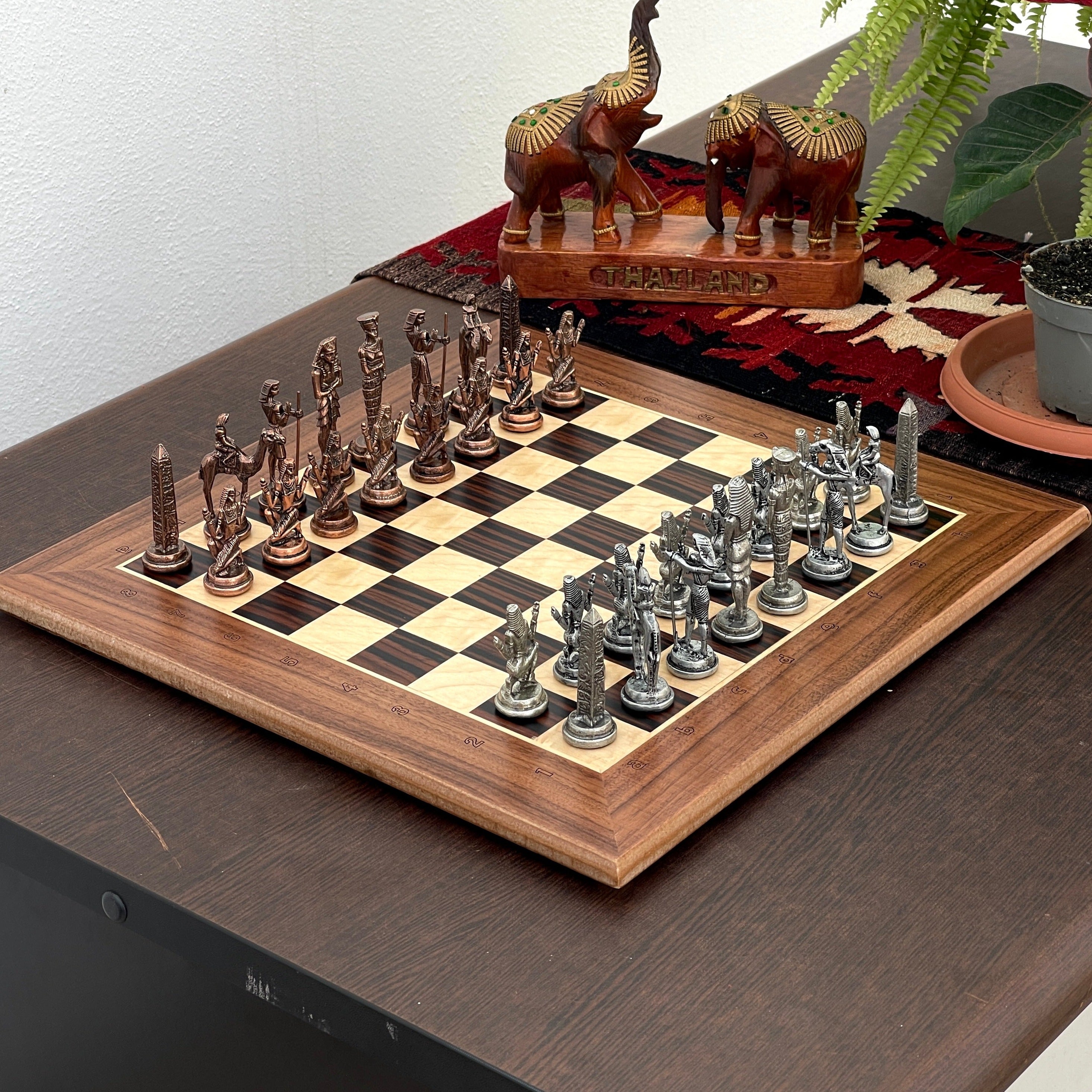 15.3" Massive Solid Wooden Chess Board With Egyptian Metal Chess Pieces