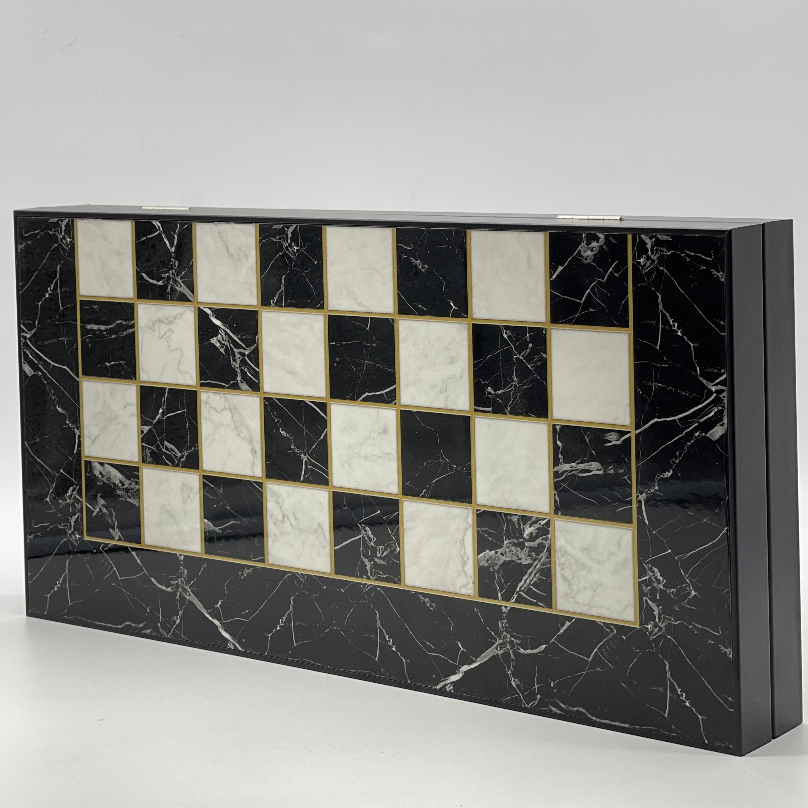 Handmade Black Marble Pattern Backgammon Set With Crusaders Chess Pieces