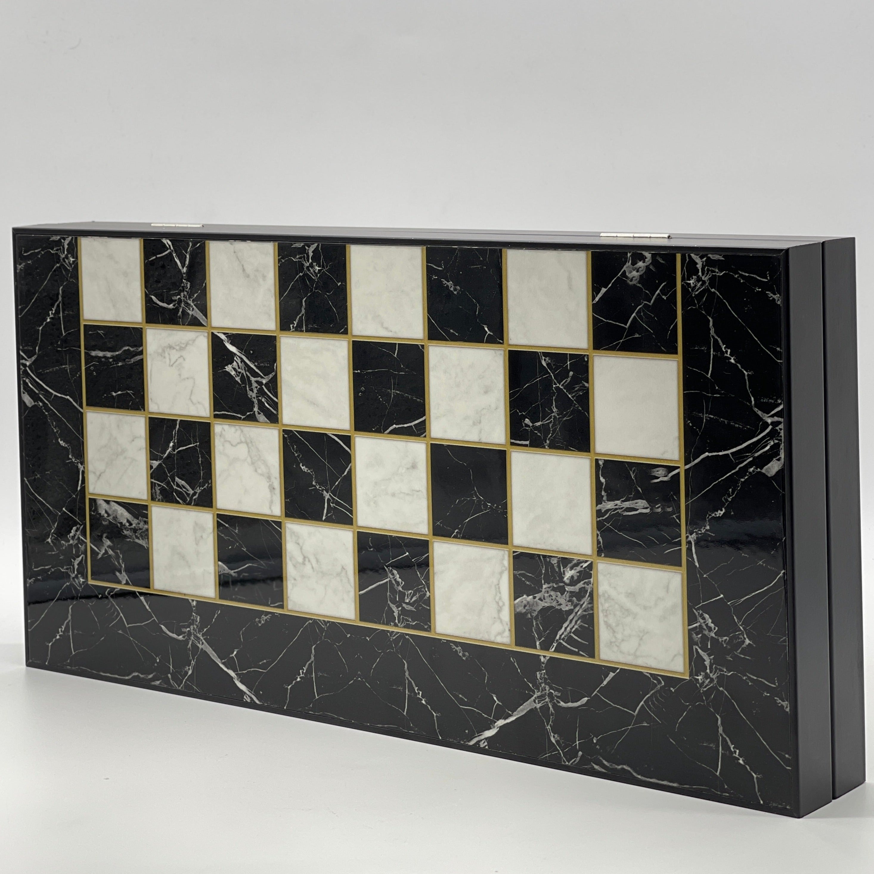 Handmade Black Marble Pattern Backgammon Set With Crusaders Chess Pieces