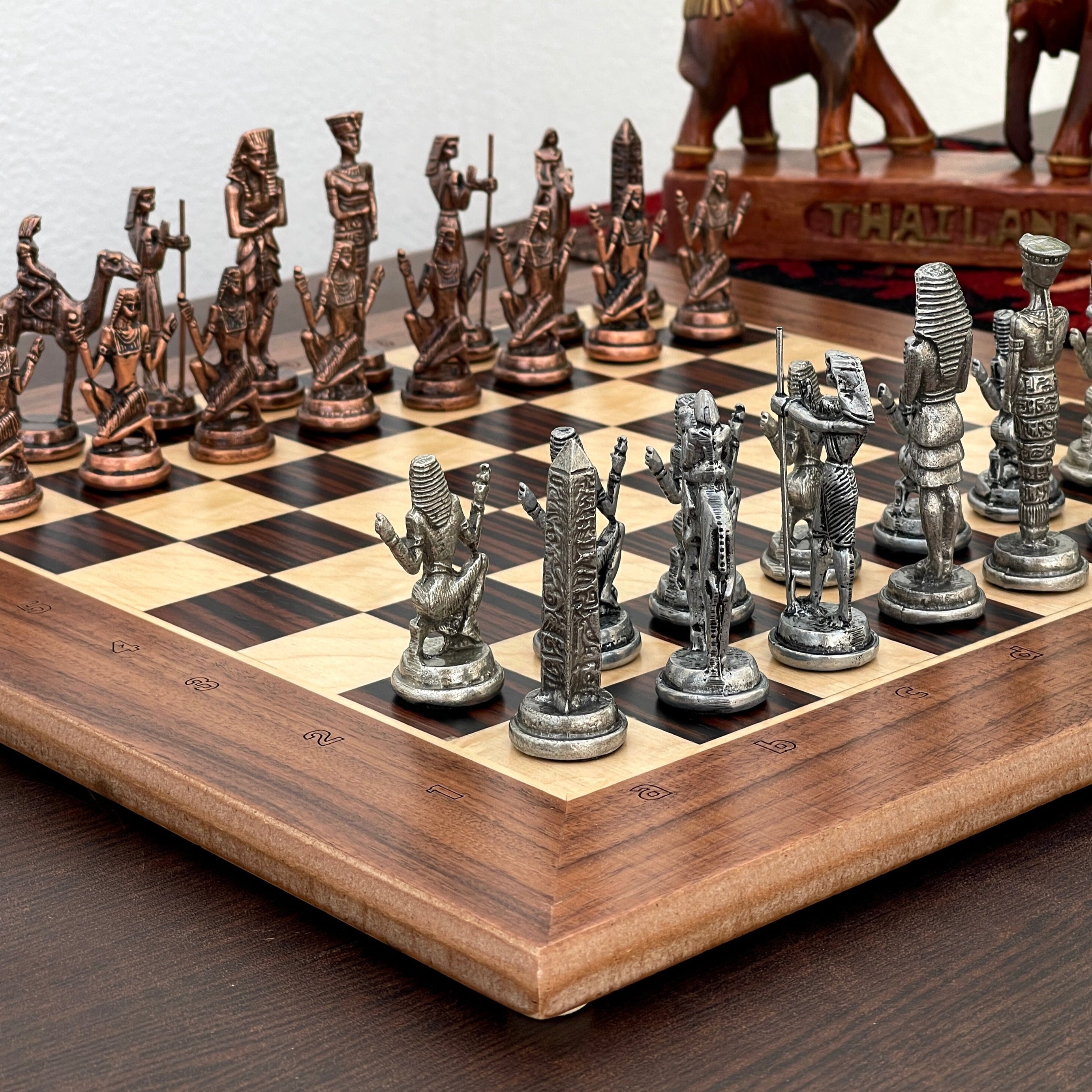 15.3" Massive Solid Wooden Chess Board With Egyptian Metal Chess Pieces