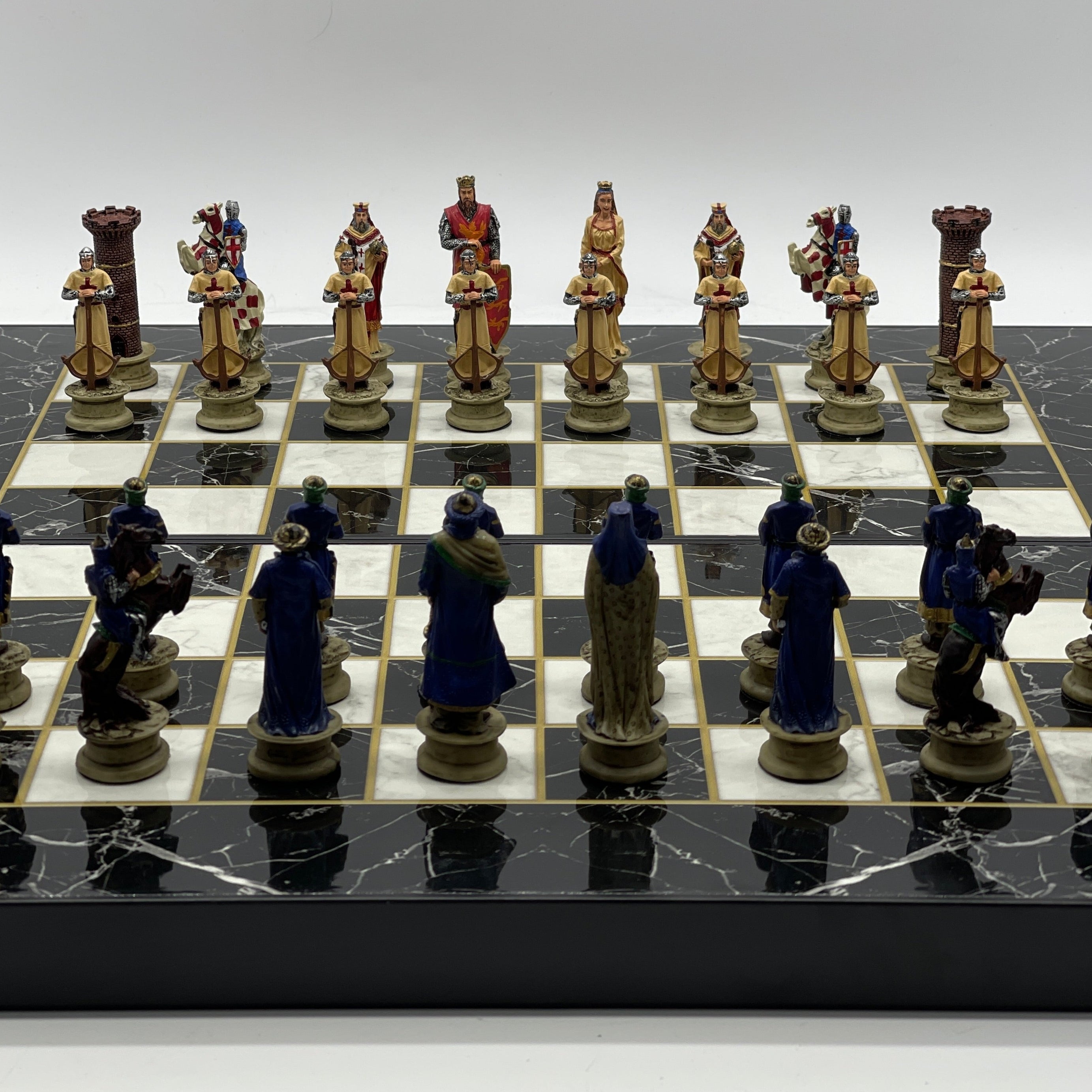 Handmade Black Marble Pattern Backgammon Set With Crusaders Chess Pieces