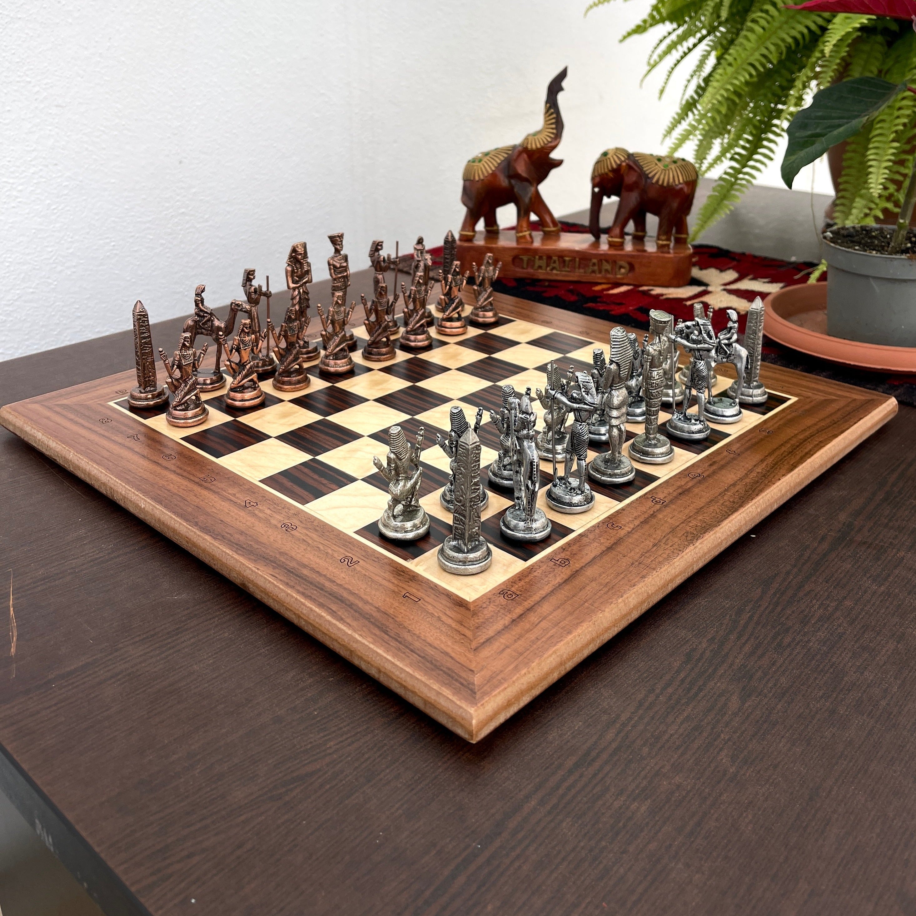 15.3" Massive Solid Wooden Chess Board With Egyptian Metal Chess Pieces