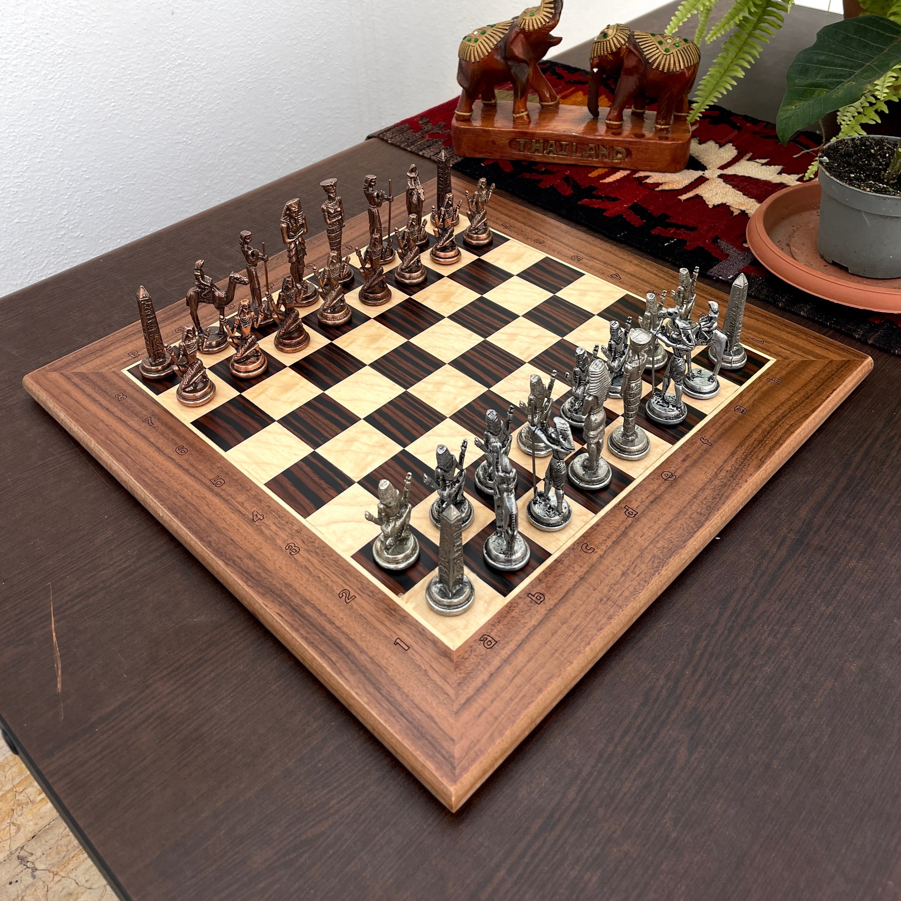 15.3" Massive Solid Wooden Chess Board With Egyptian Metal Chess Pieces