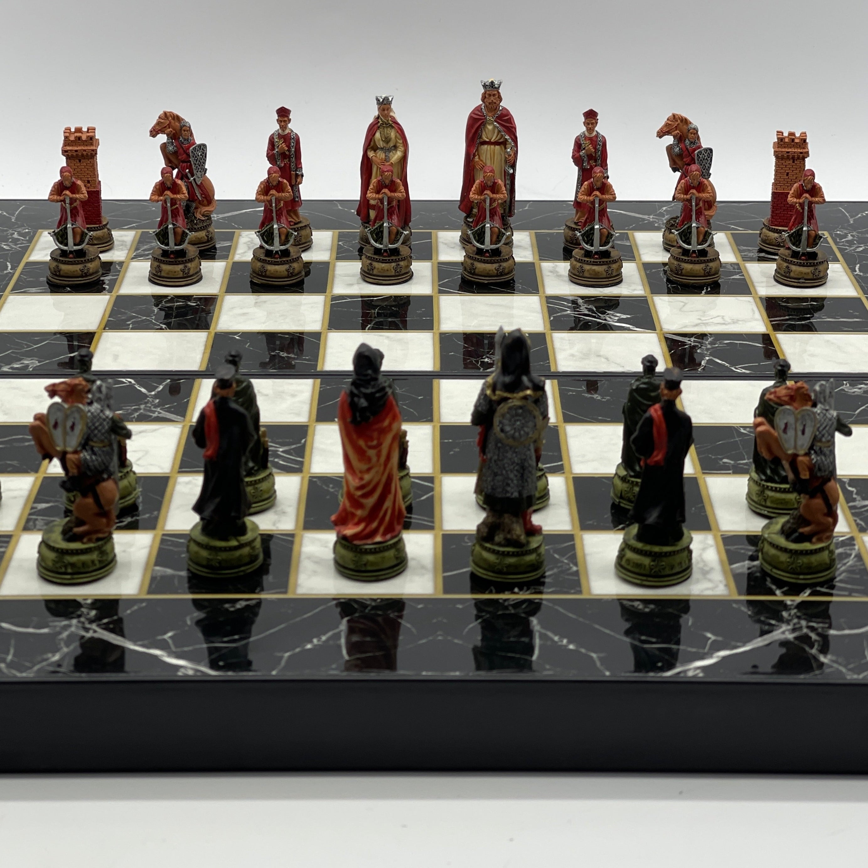 Handmade Black Marble Pattern Backgammon Set With Camelot Chess Pieces