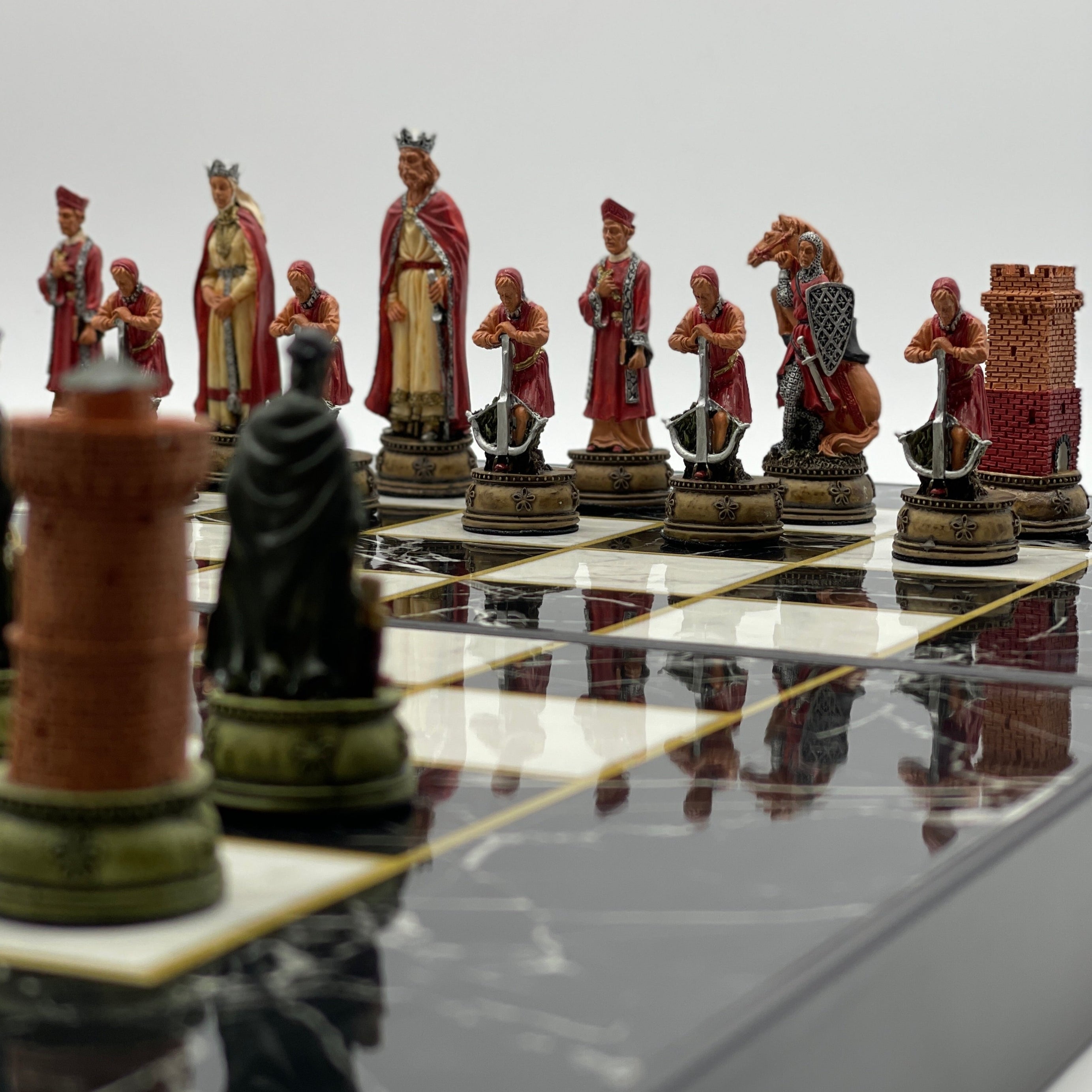 Handmade Black Marble Pattern Backgammon Set With Camelot Chess Pieces