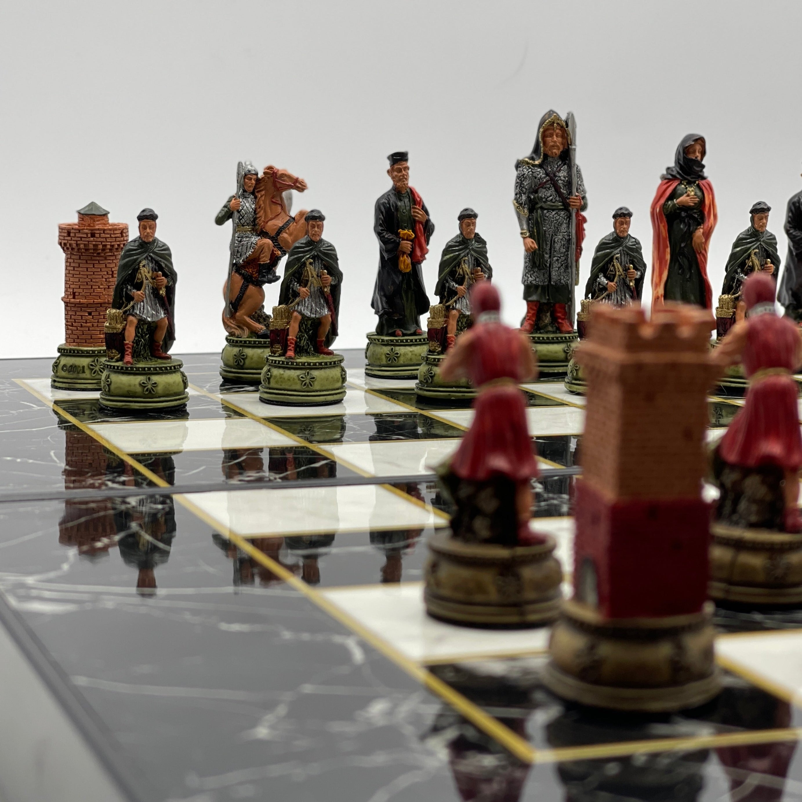 Handmade Black Marble Pattern Backgammon Set With Camelot Chess Pieces