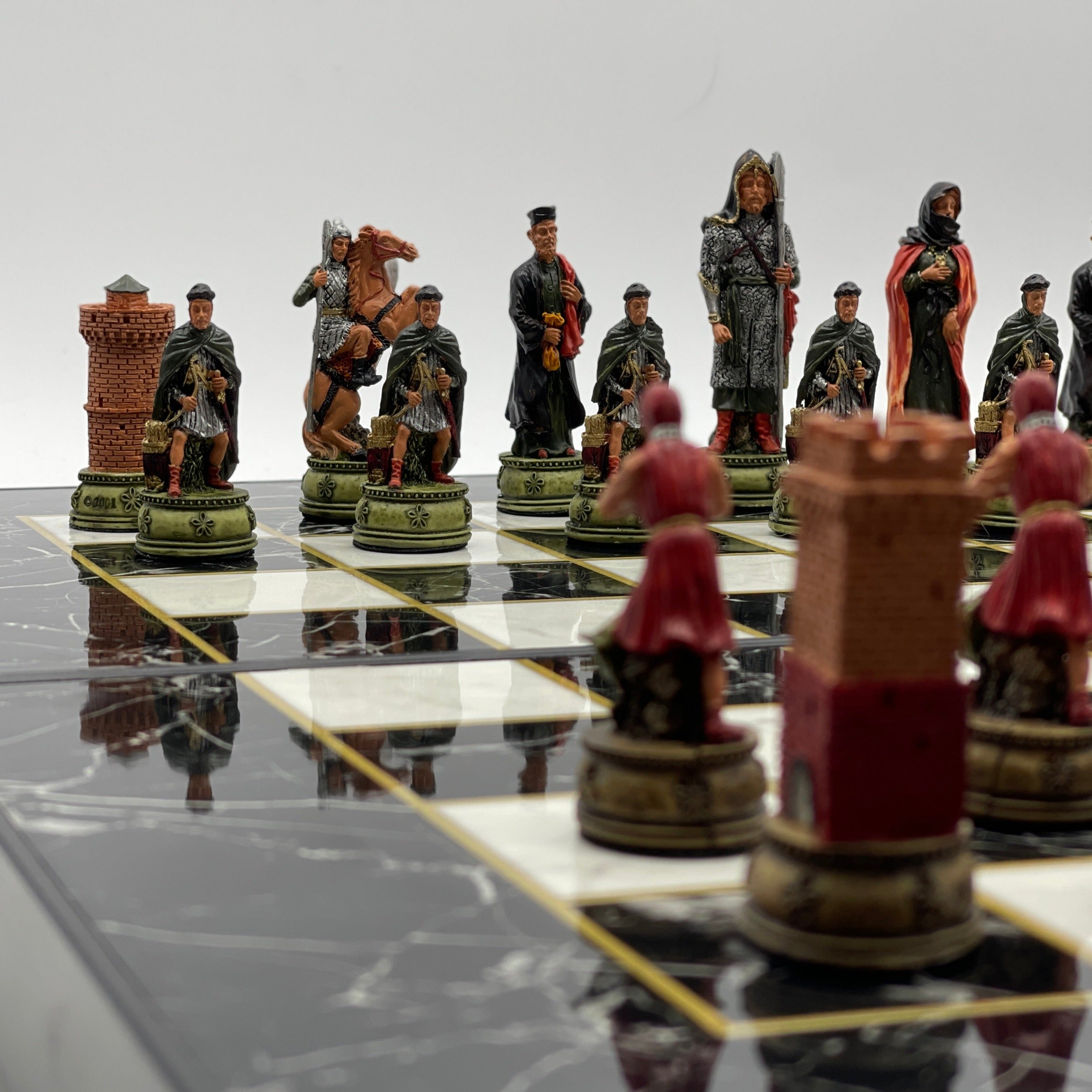 Handmade Black Marble Pattern Backgammon Set With Camelot Chess Pieces