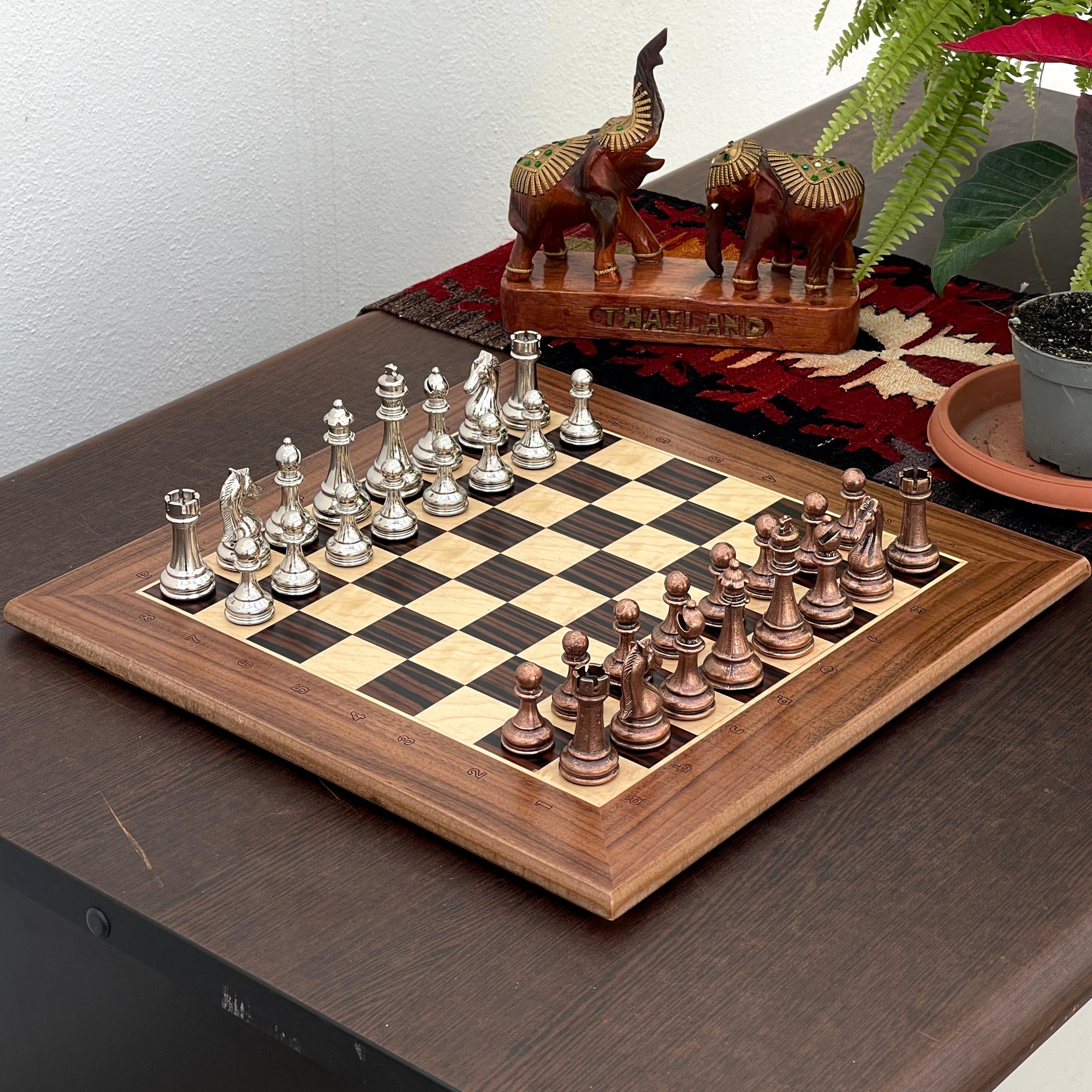 15.3" Massive Solid Wooden Chess Board with Classic Metal Chess Pieces