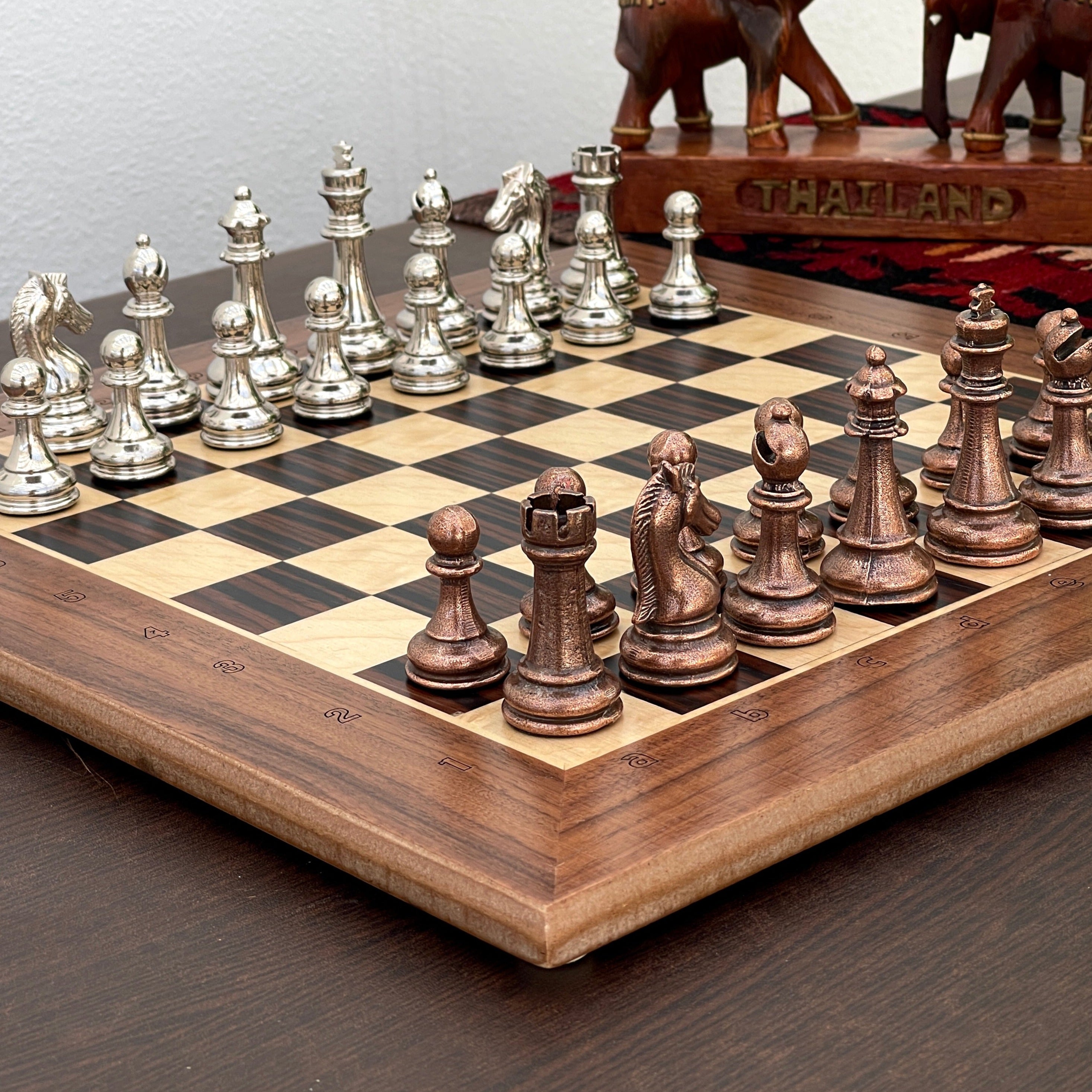 15.3" Massive Solid Wooden Chess Board with Classic Metal Chess Pieces