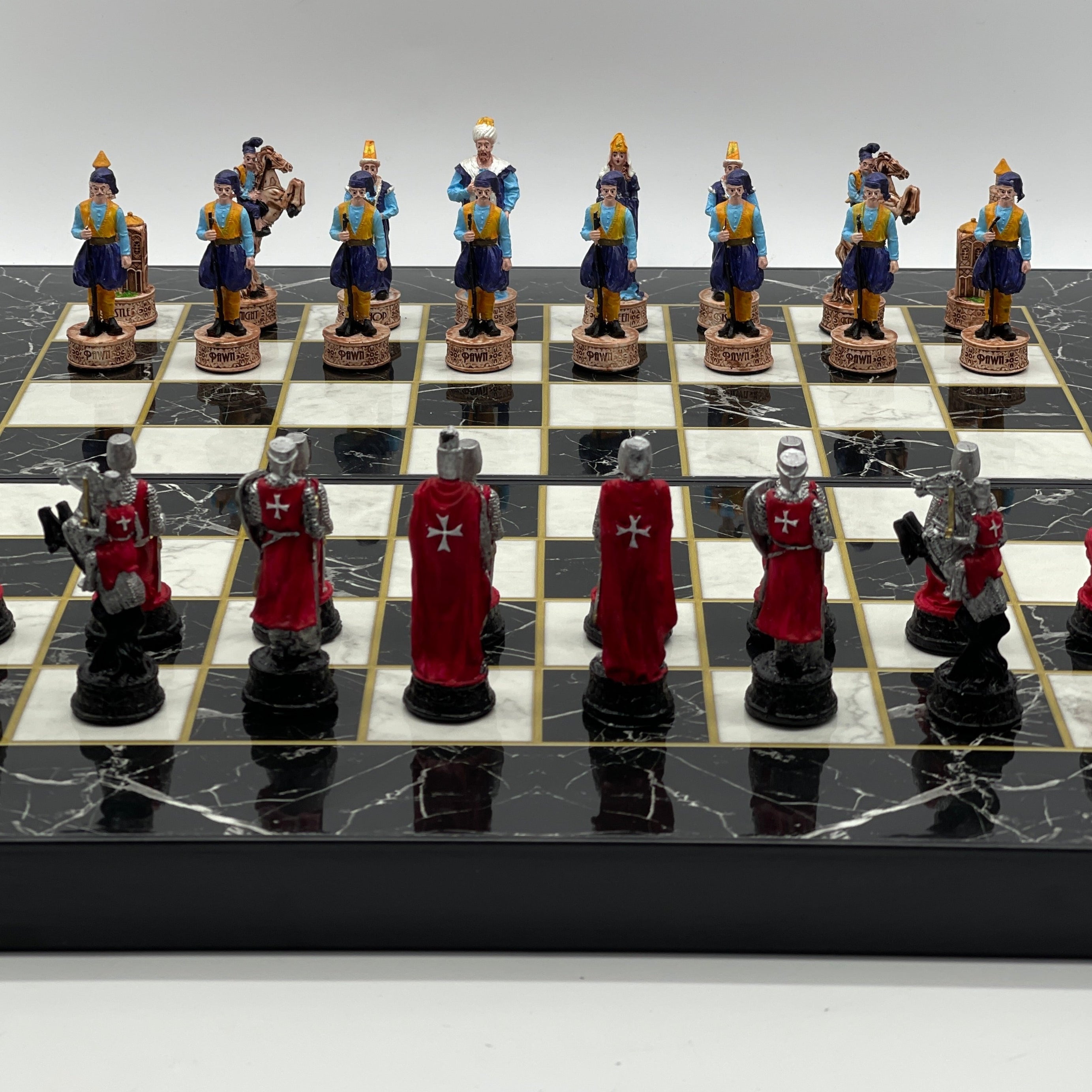Handmade Black Marble Pattern Backgammon Set With Crusaders Chess Pieces