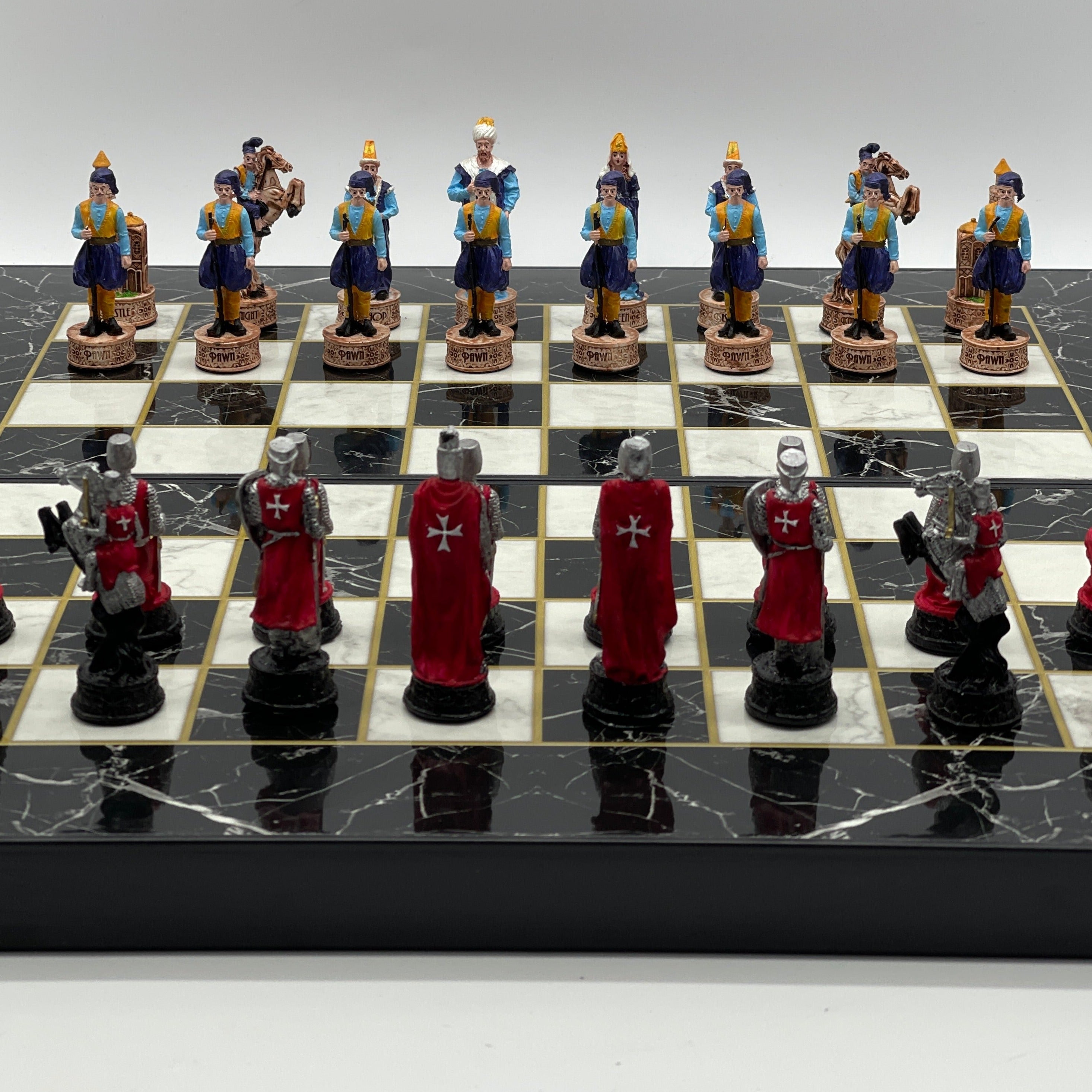 Handmade Black Marble Pattern Backgammon Set With Crusaders Chess Pieces