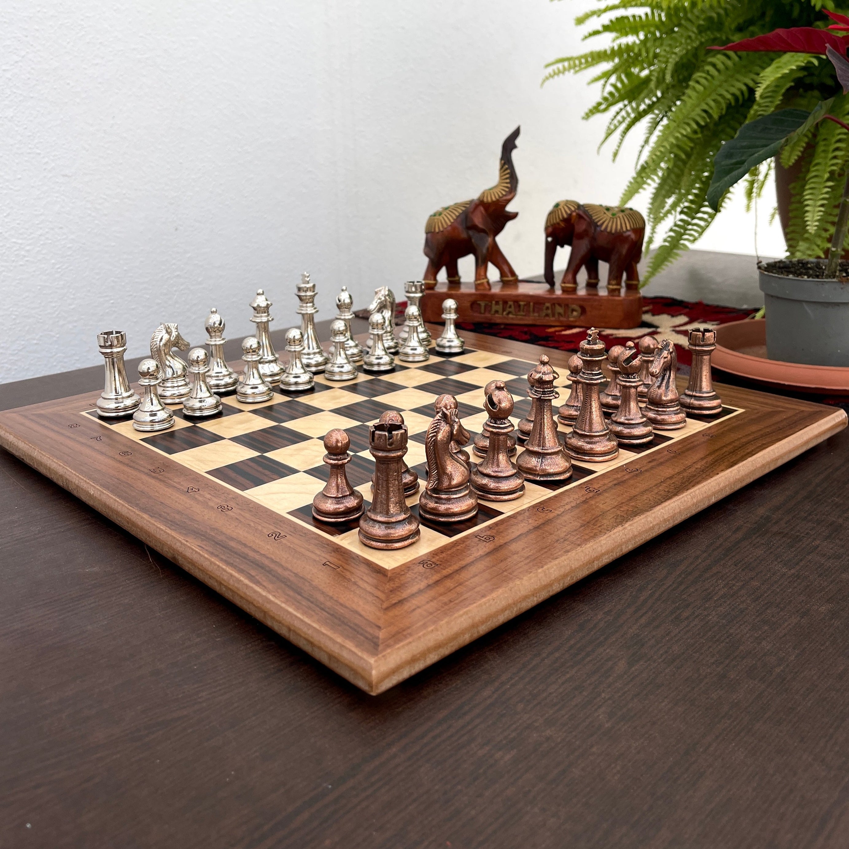 15.3" Massive Solid Wooden Chess Board with Classic Metal Chess Pieces