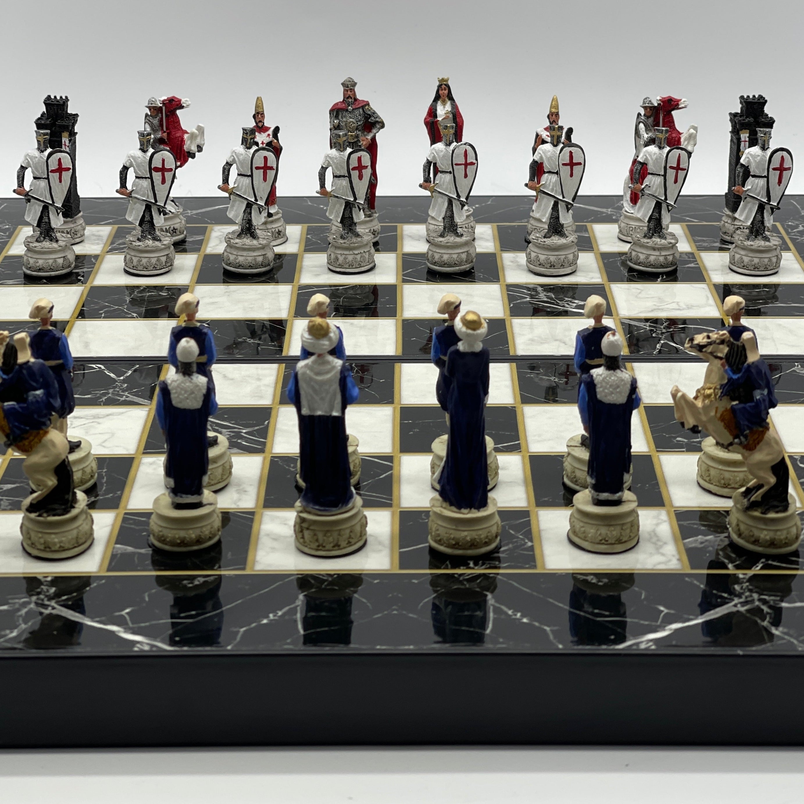 Handmade Black Marble Pattern Backgammon Set With Crusaders Chess Pieces