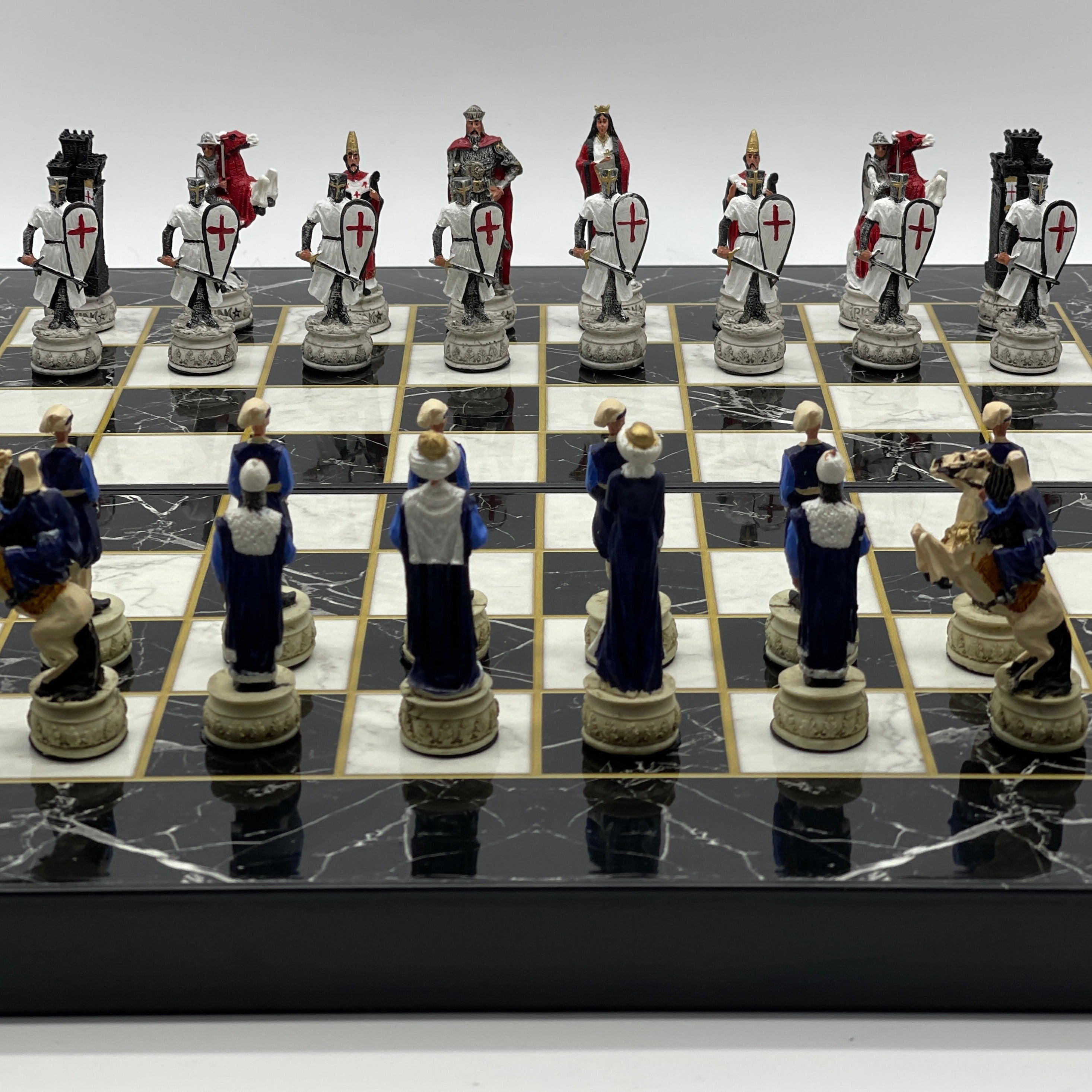 Handmade Black Marble Pattern Backgammon Set With Crusaders Chess Pieces