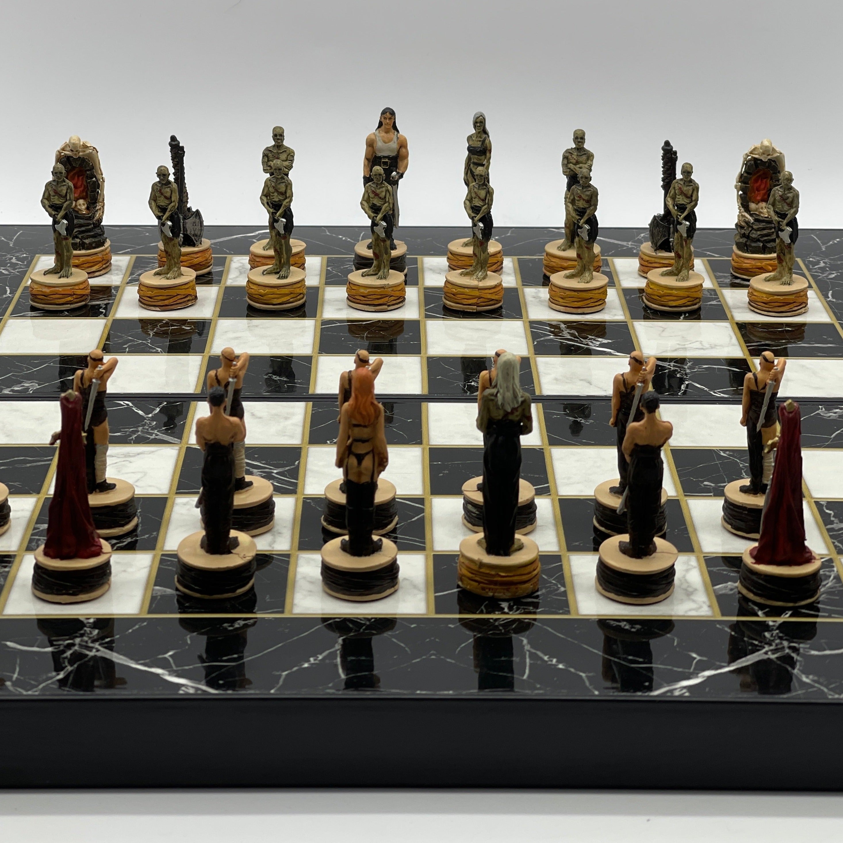 Handmade Black Marble Pattern Backgammon Set With Zombies Chess Pieces