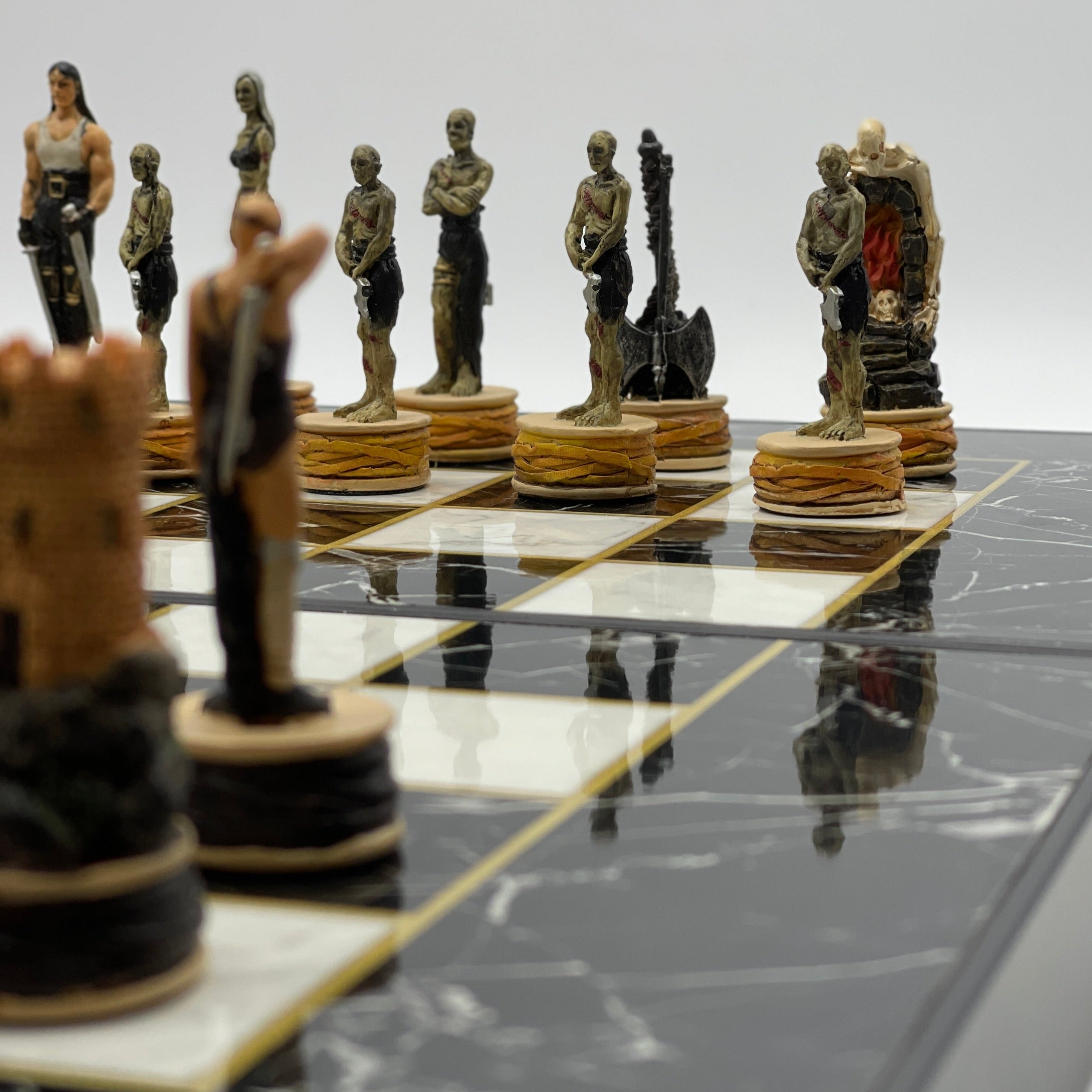 Handmade Black Marble Pattern Backgammon Set With Zombies Chess Pieces