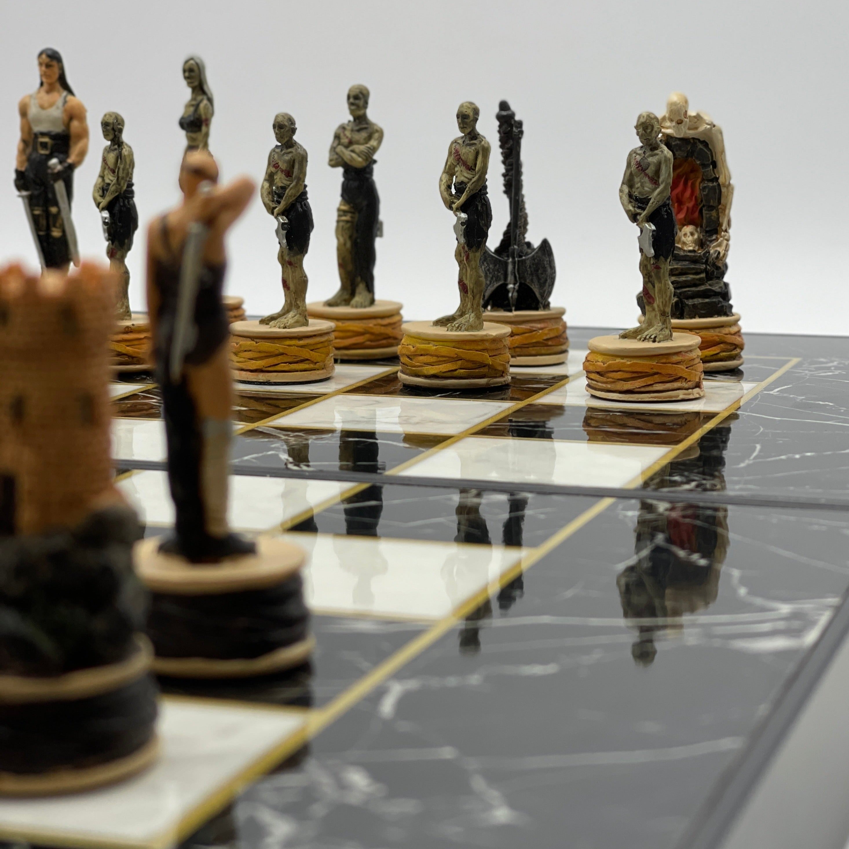 Handmade Black Marble Pattern Backgammon Set With Zombies Chess Pieces