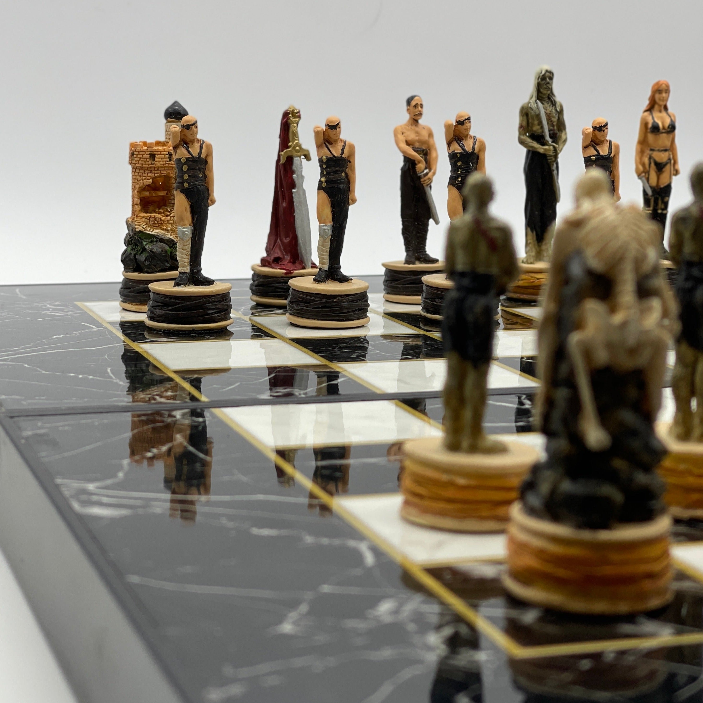 Handmade Black Marble Pattern Backgammon Set With Zombies Chess Pieces