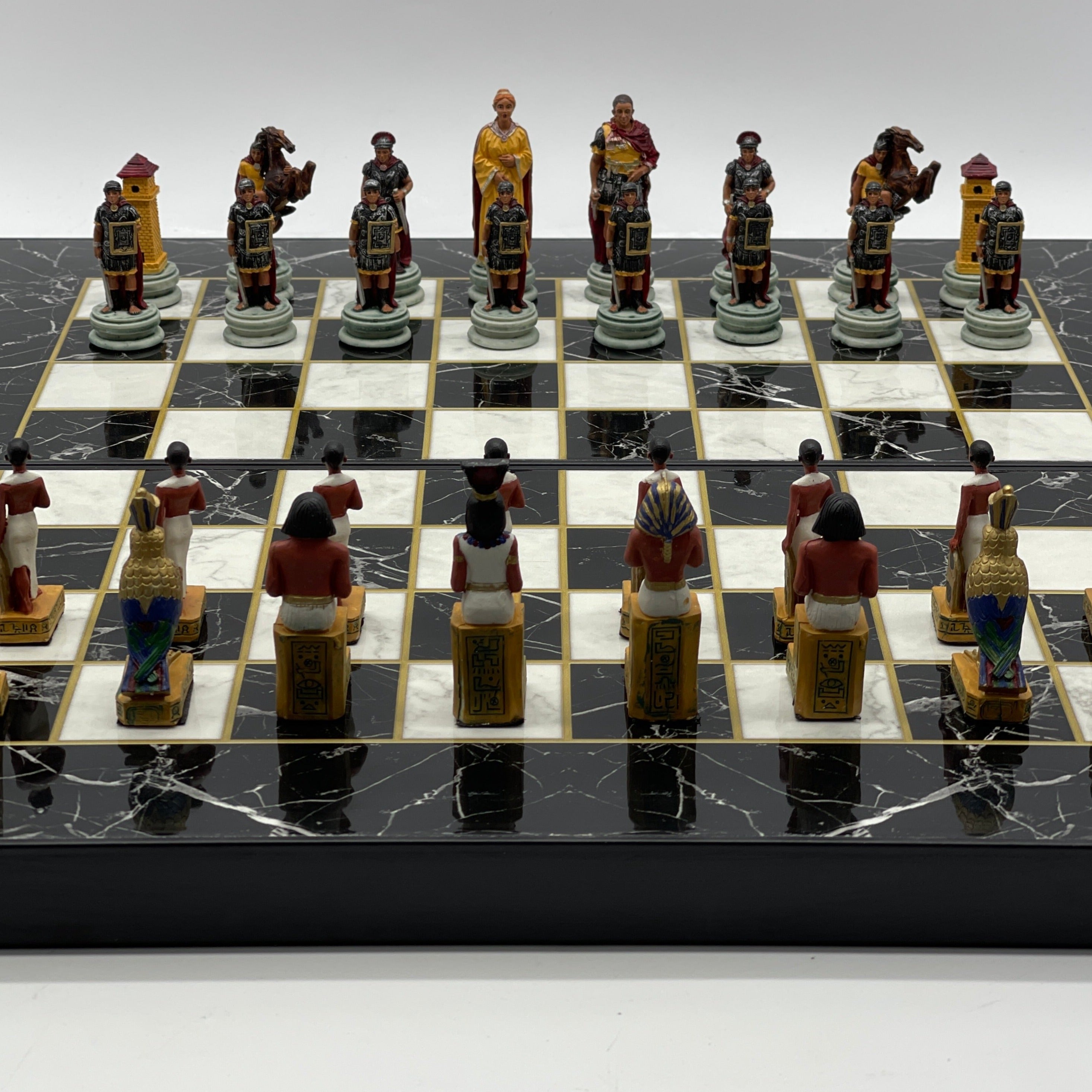 Handmade Black Marble Pattern Backgammon Set With Egyptian Chess Pieces