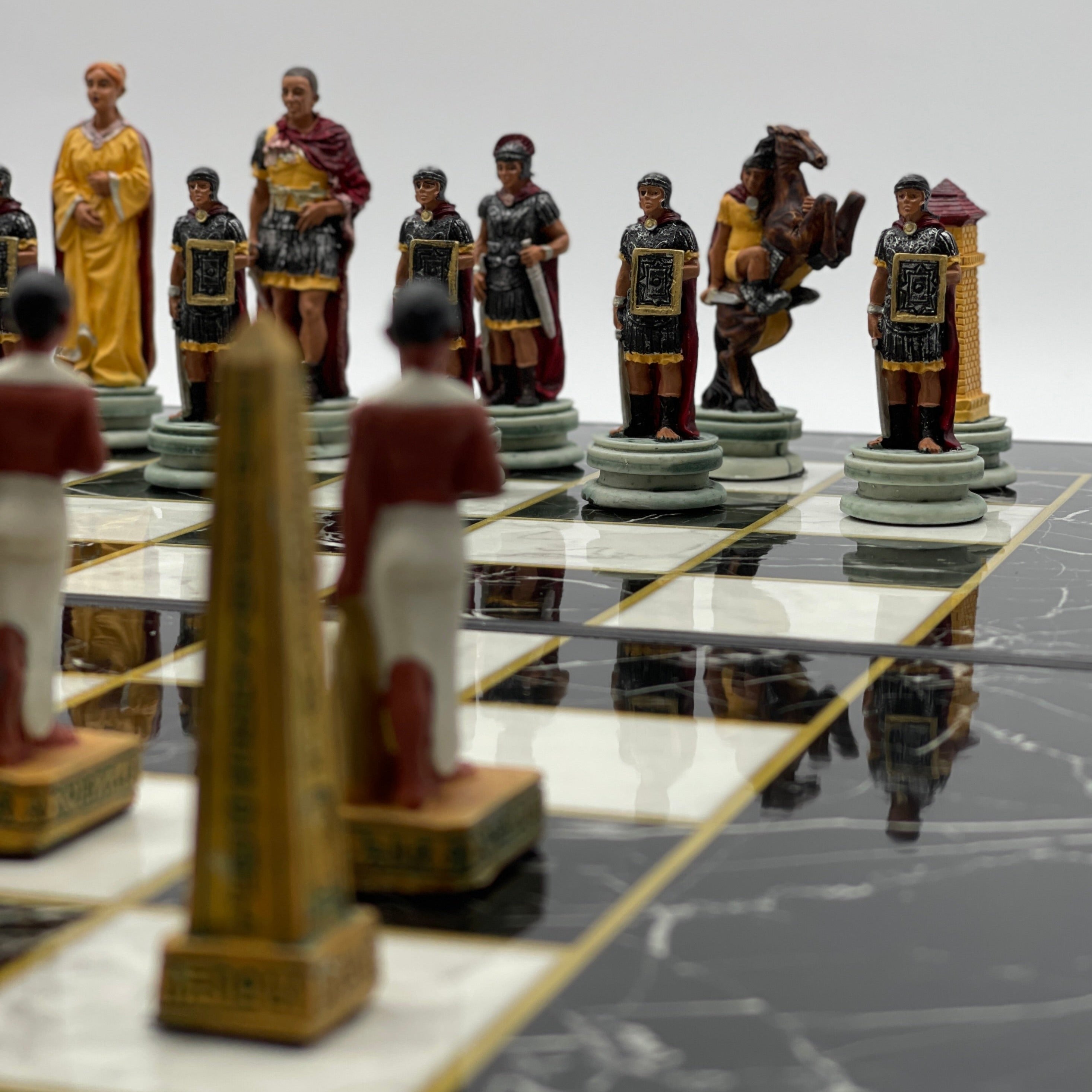 Handmade Black Marble Pattern Backgammon Set With Egyptian Chess Pieces