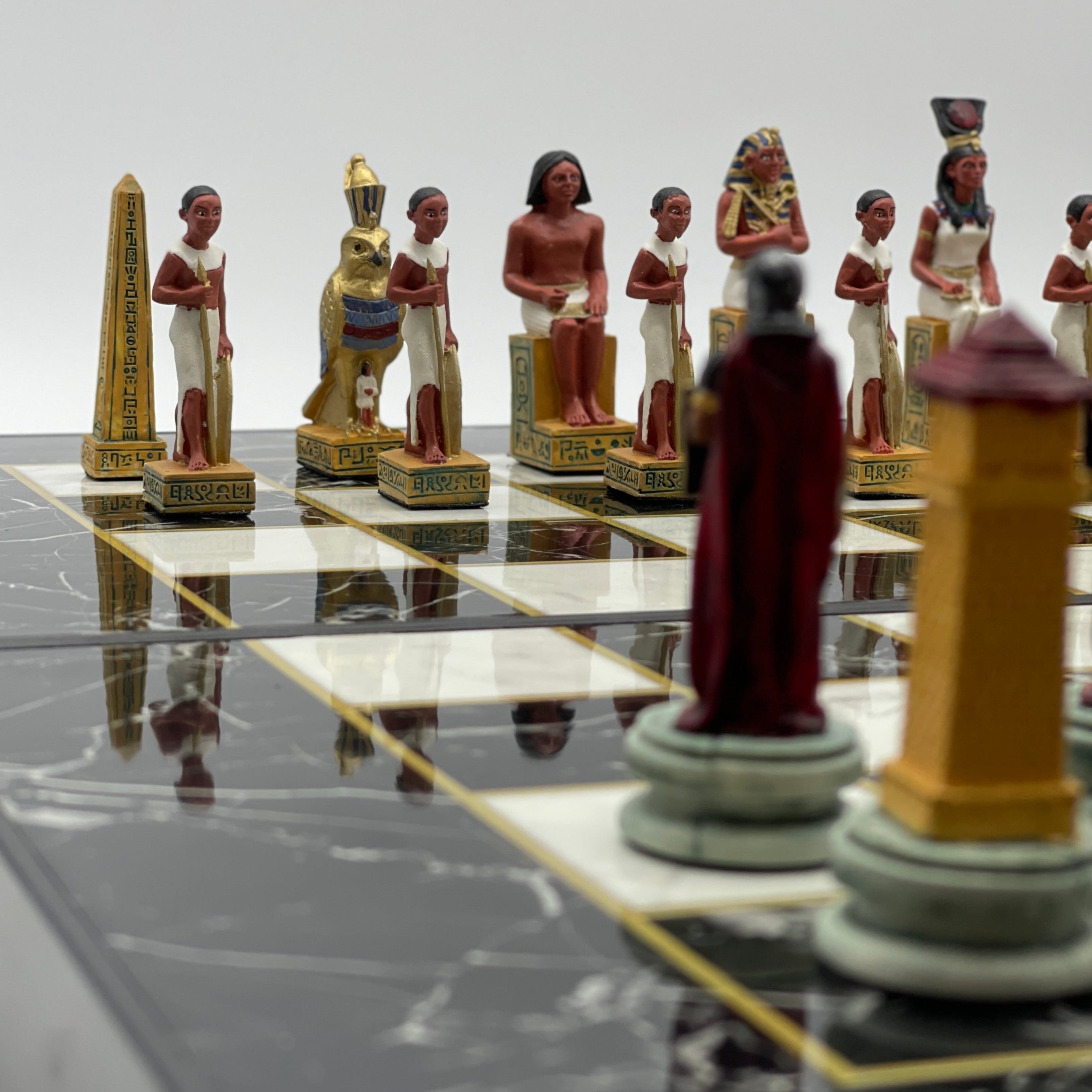 Handmade Black Marble Pattern Backgammon Set With Egyptian Chess Pieces