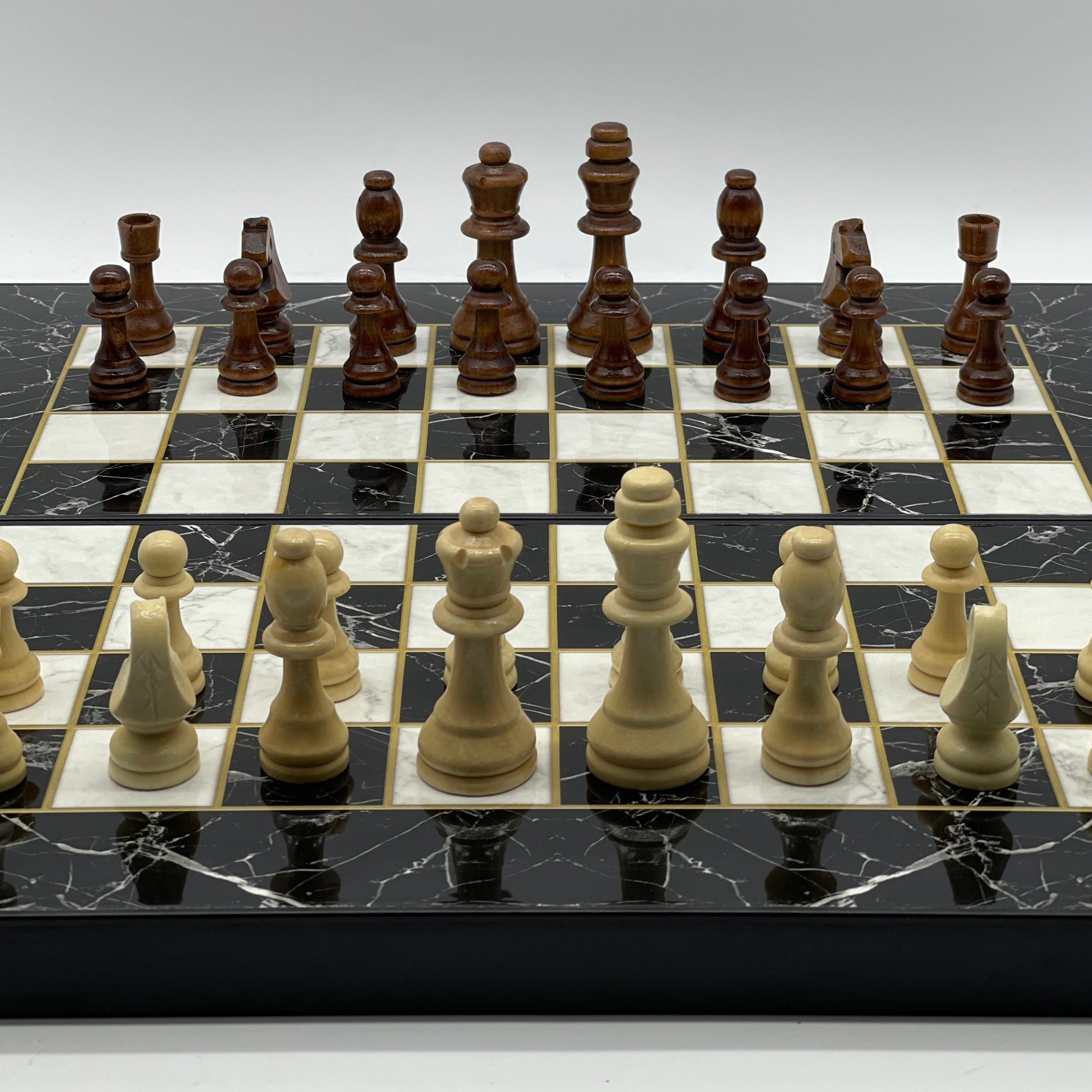 Handmade Black Marble Pattern Backgammon Set With Wooden Chess Pieces