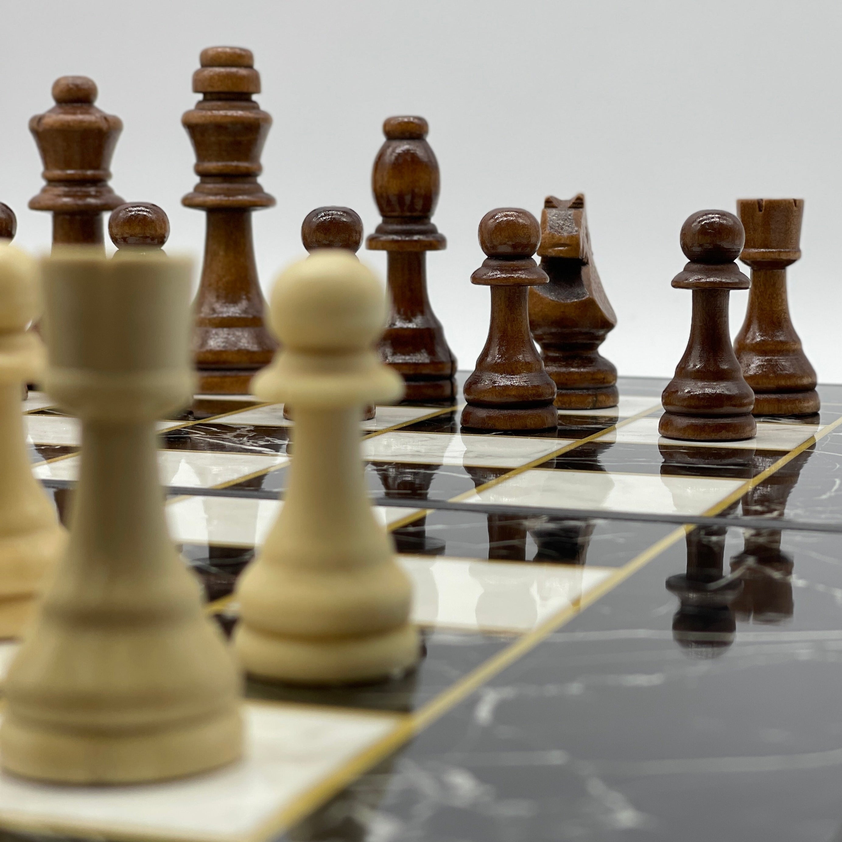 Handmade Black Marble Pattern Backgammon Set With Wooden Chess Pieces