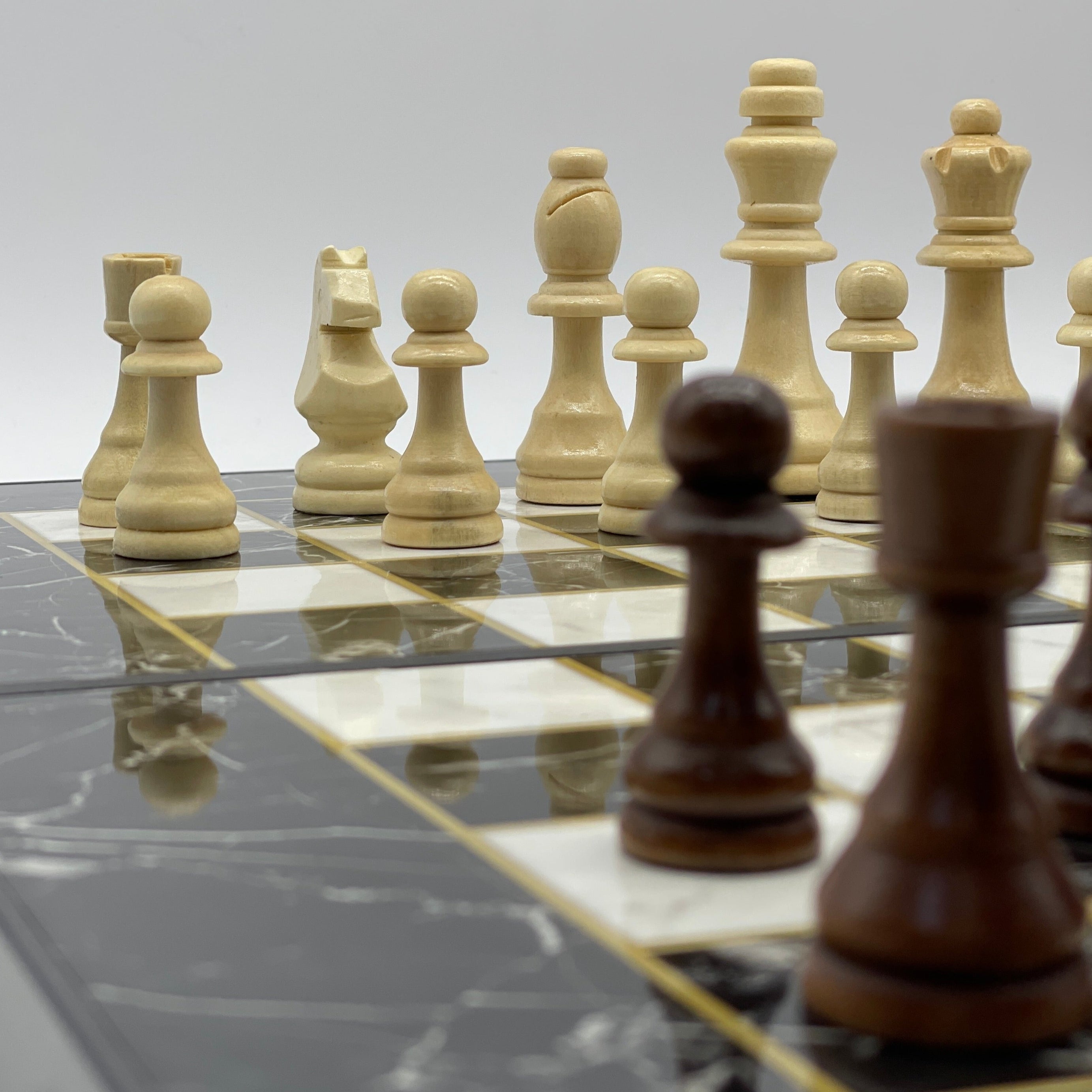 Handmade Black Marble Pattern Backgammon Set With Wooden Chess Pieces