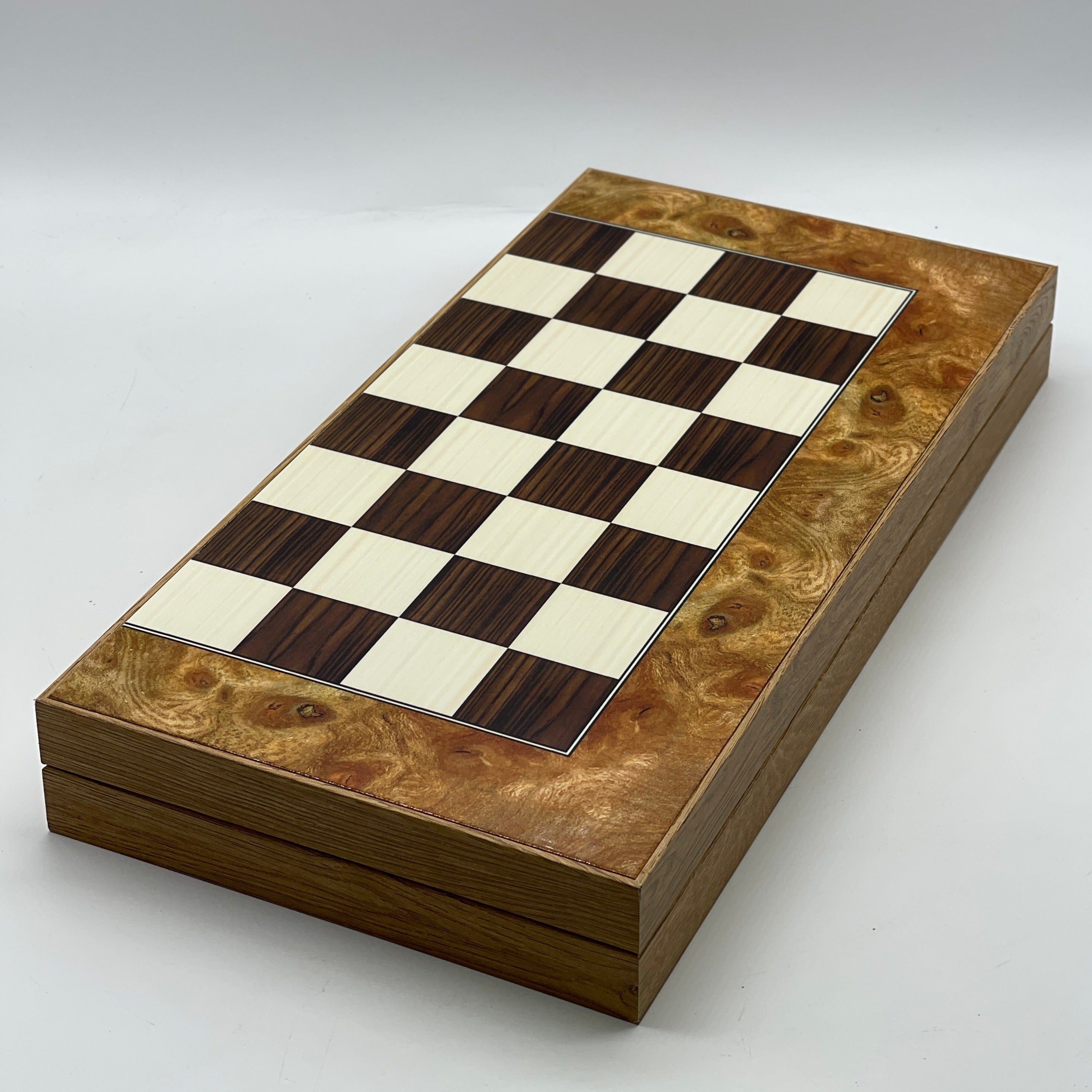 Handmade Walnut Pattern Backgammon Set with Polyester Crusaders Chess Pieces