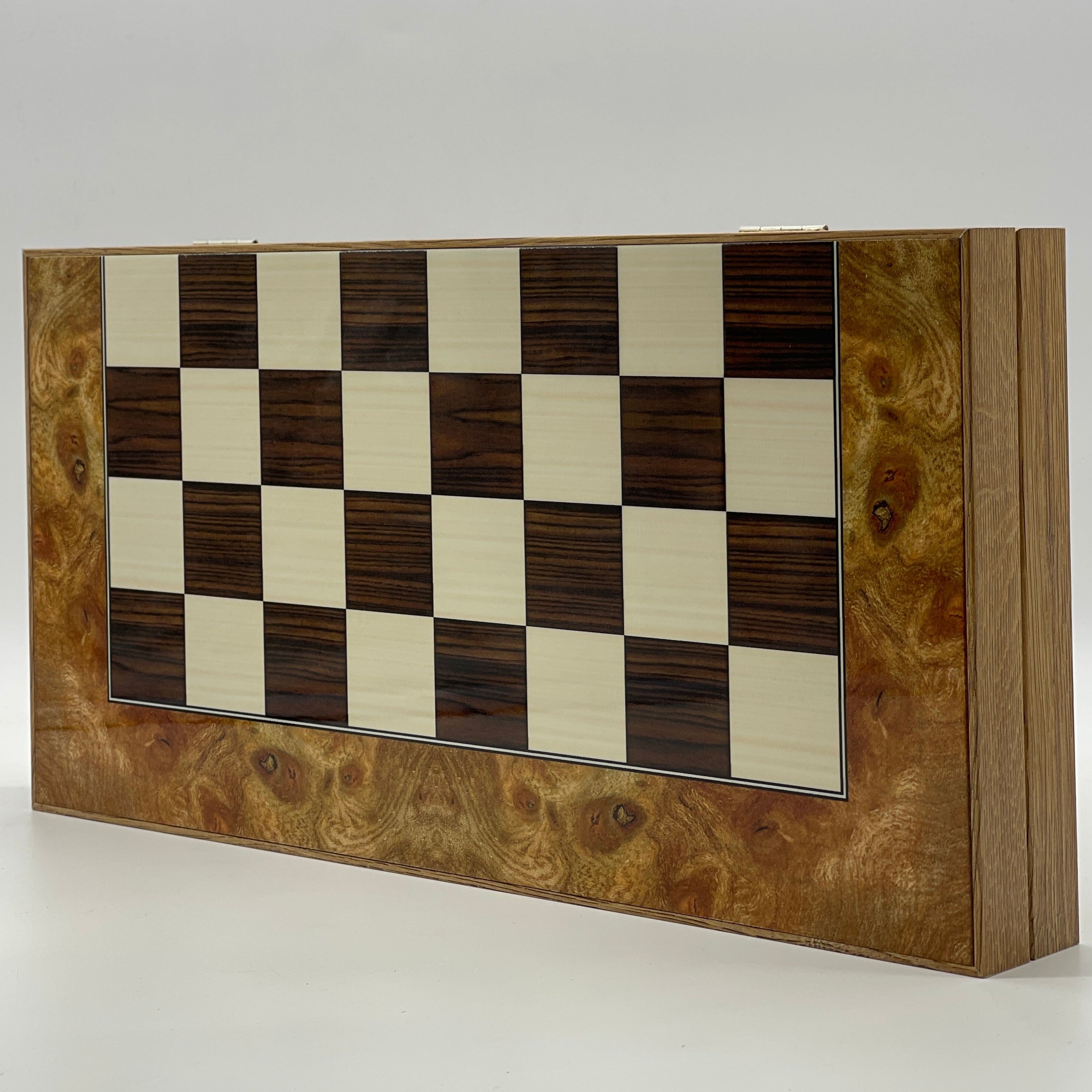 Handmade Walnut Pattern Backgammon Set with Polyester Crusaders Chess Pieces