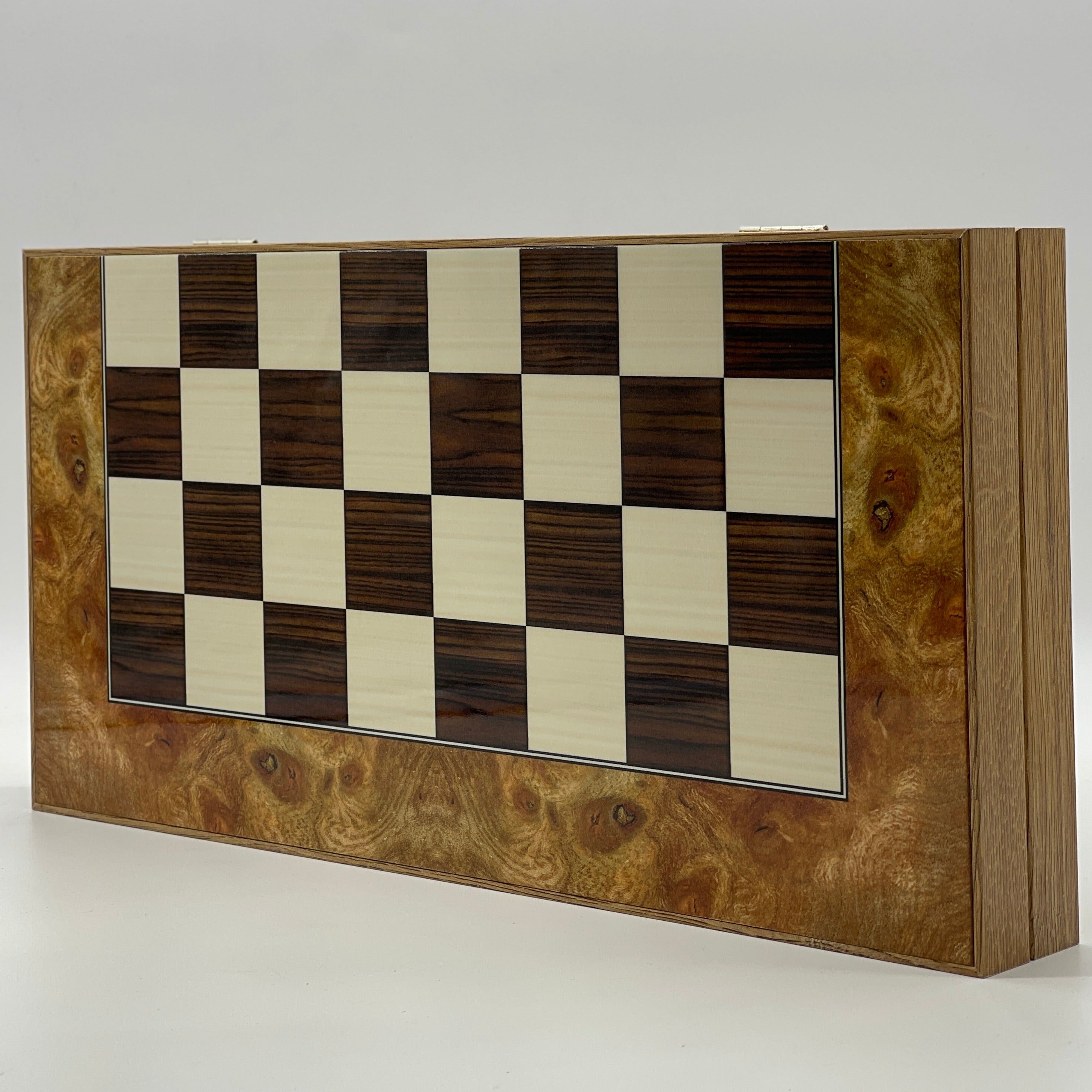 Handmade Walnut Pattern Backgammon Set with Polyester Crusaders Chess Pieces