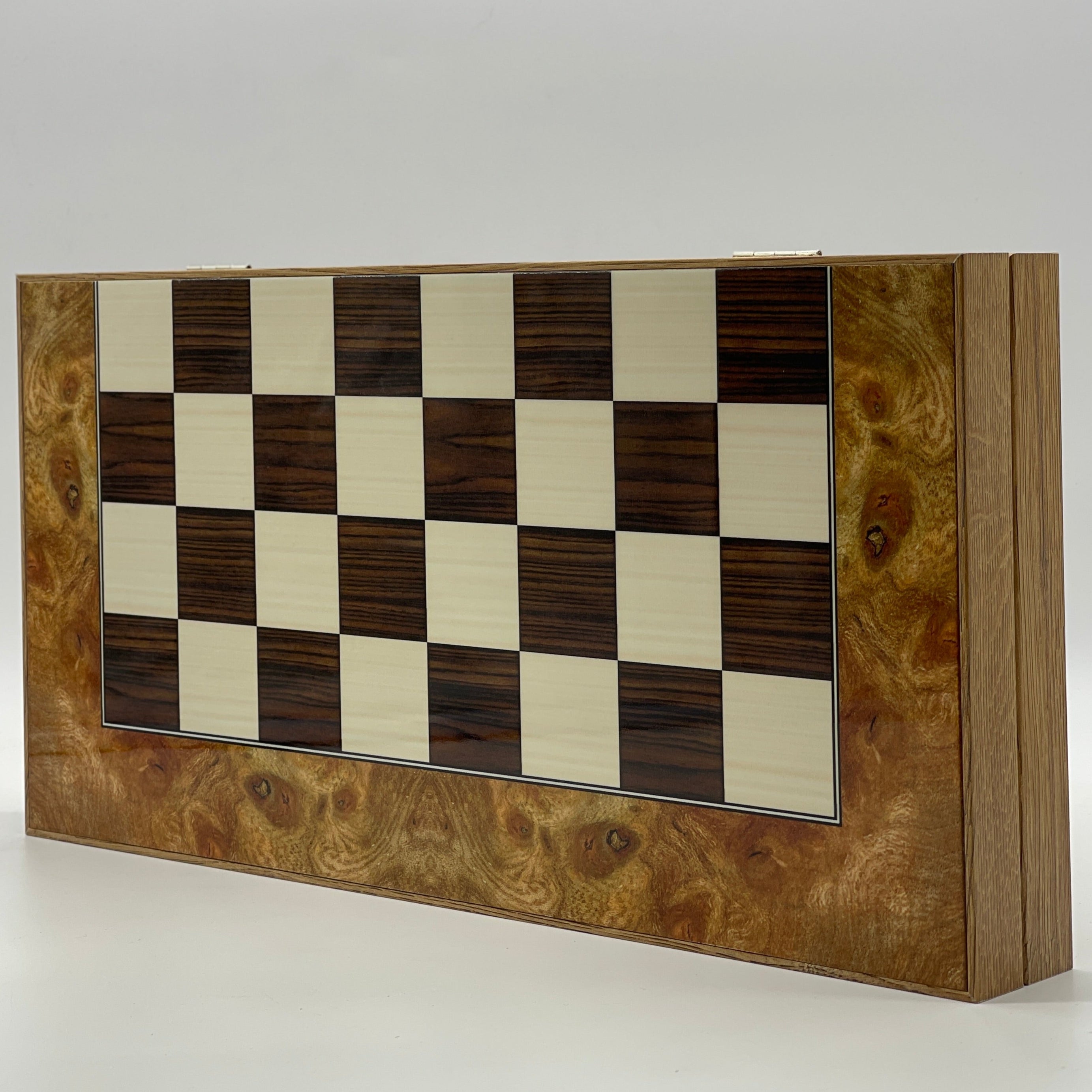 Handmade Walnut Pattern Backgammon Set with Polyester Crusaders Chess Pieces
