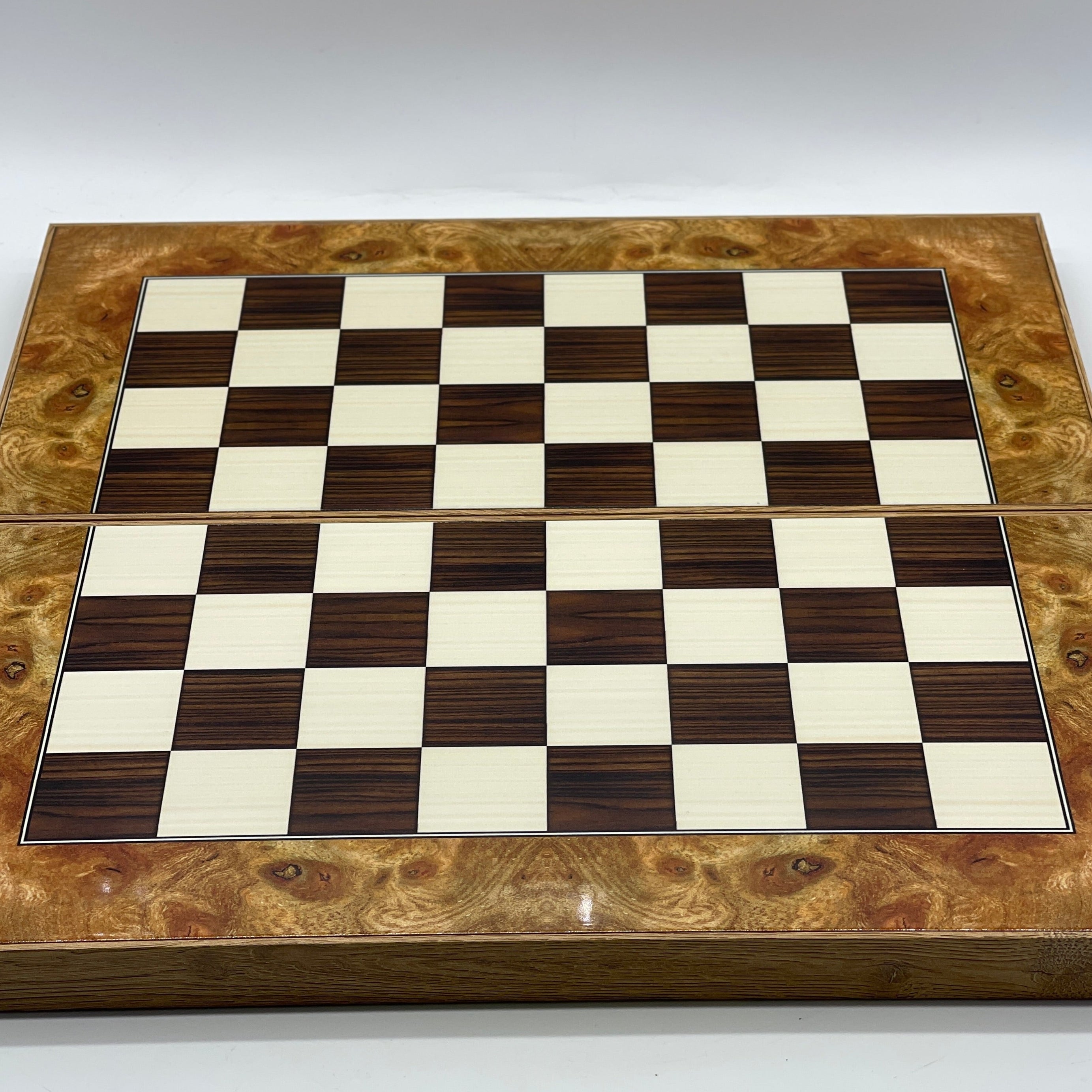 Handmade Walnut Pattern Backgammon Set with Polyester Crusaders Chess Pieces