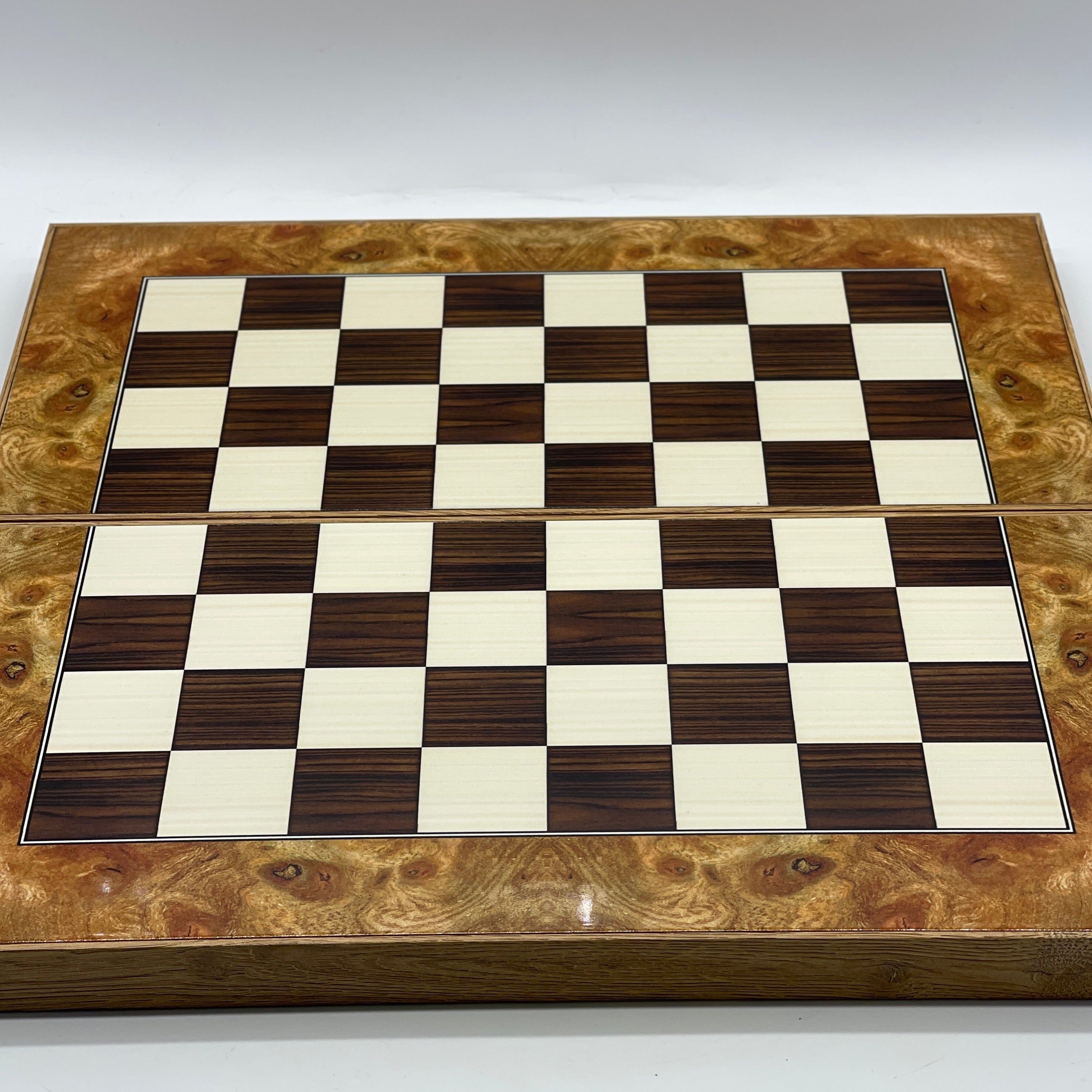 Handmade Walnut Pattern Backgammon Set with Polyester Crusaders Chess Pieces