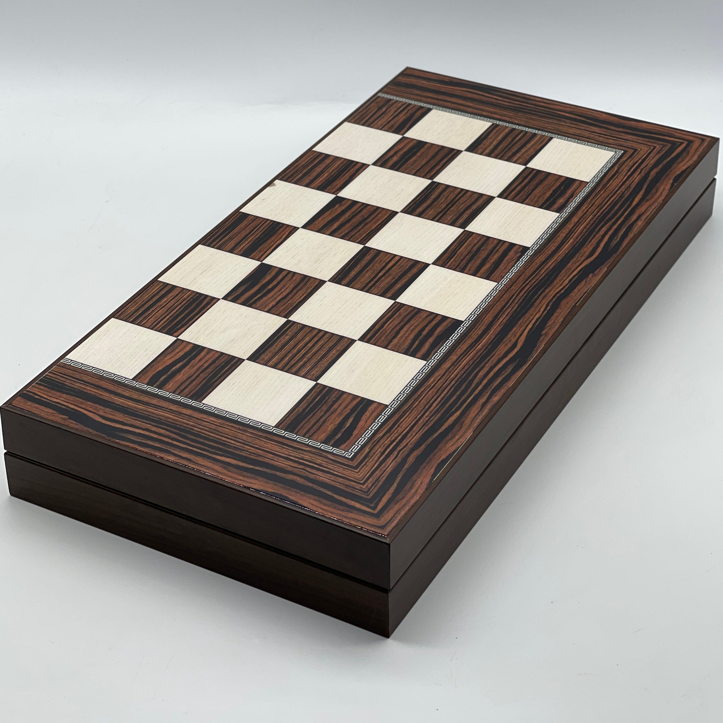 Handmade Dark Brown Pattern Backgammon Set With Camelot Chess Pieces