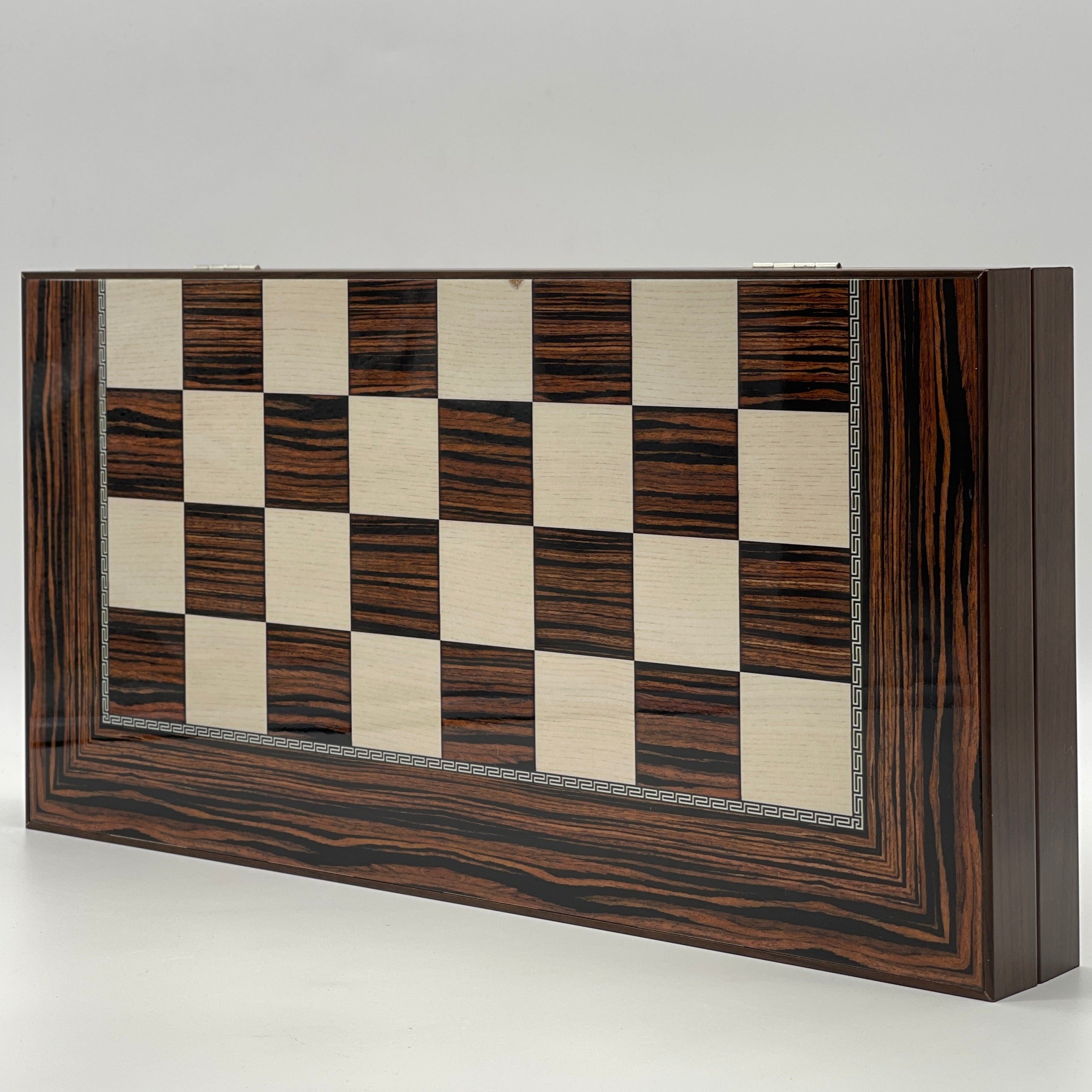 Handmade Dark Brown Pattern Backgammon Set With Egyptian Chess Pieces