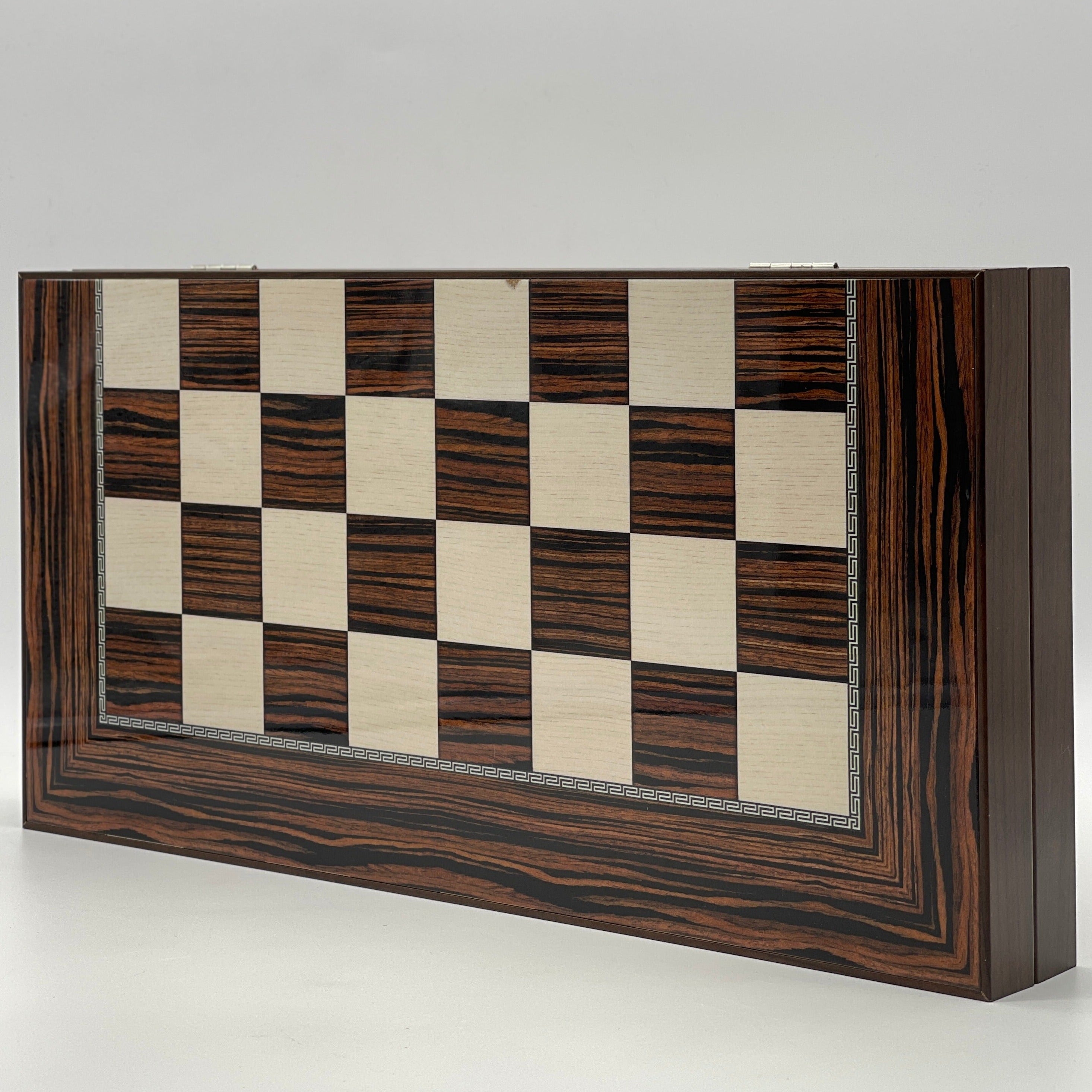 Handmade Dark Brown Pattern Backgammon Set With Camelot Chess Pieces