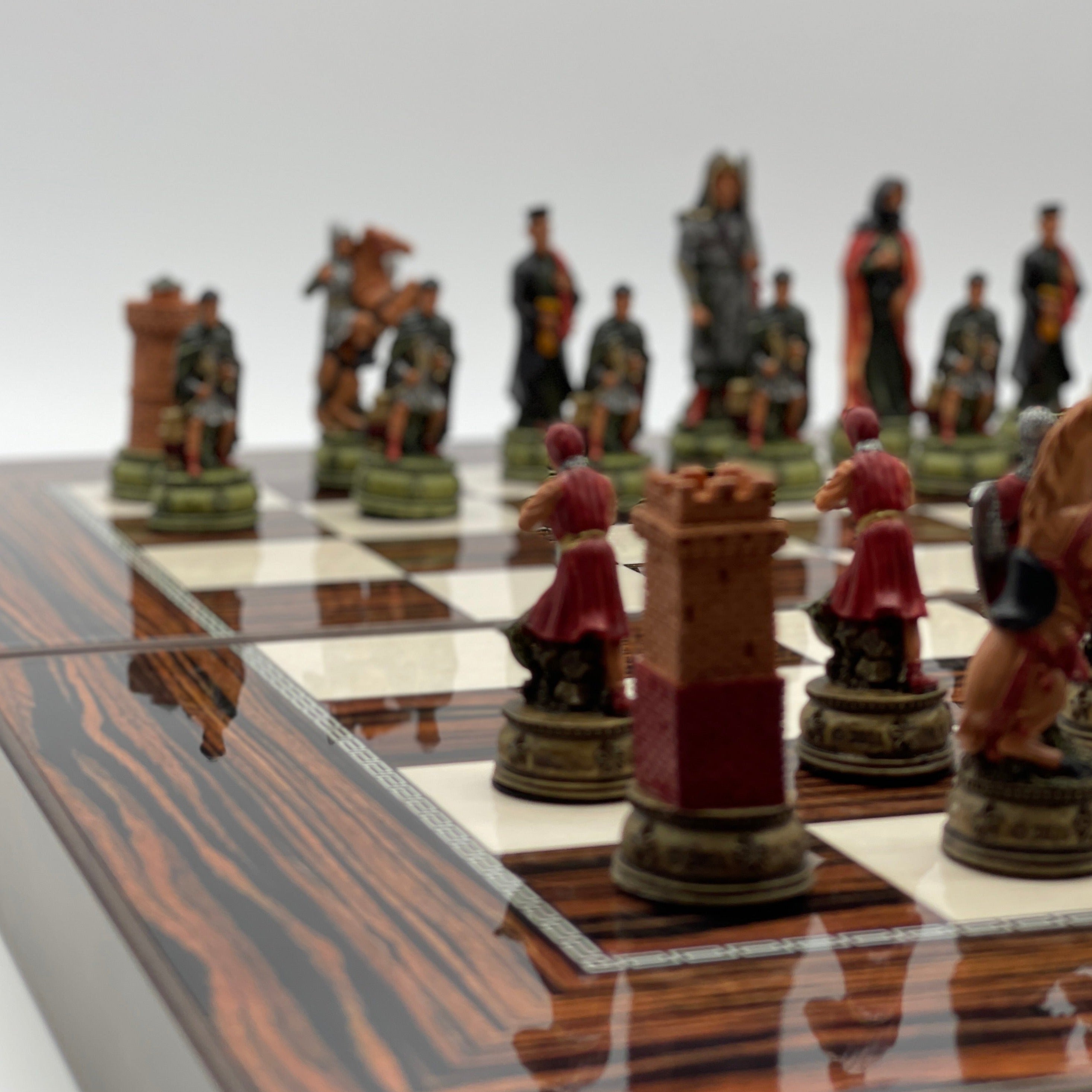 Handmade Dark Brown Pattern Backgammon Set With Camelot Chess Pieces