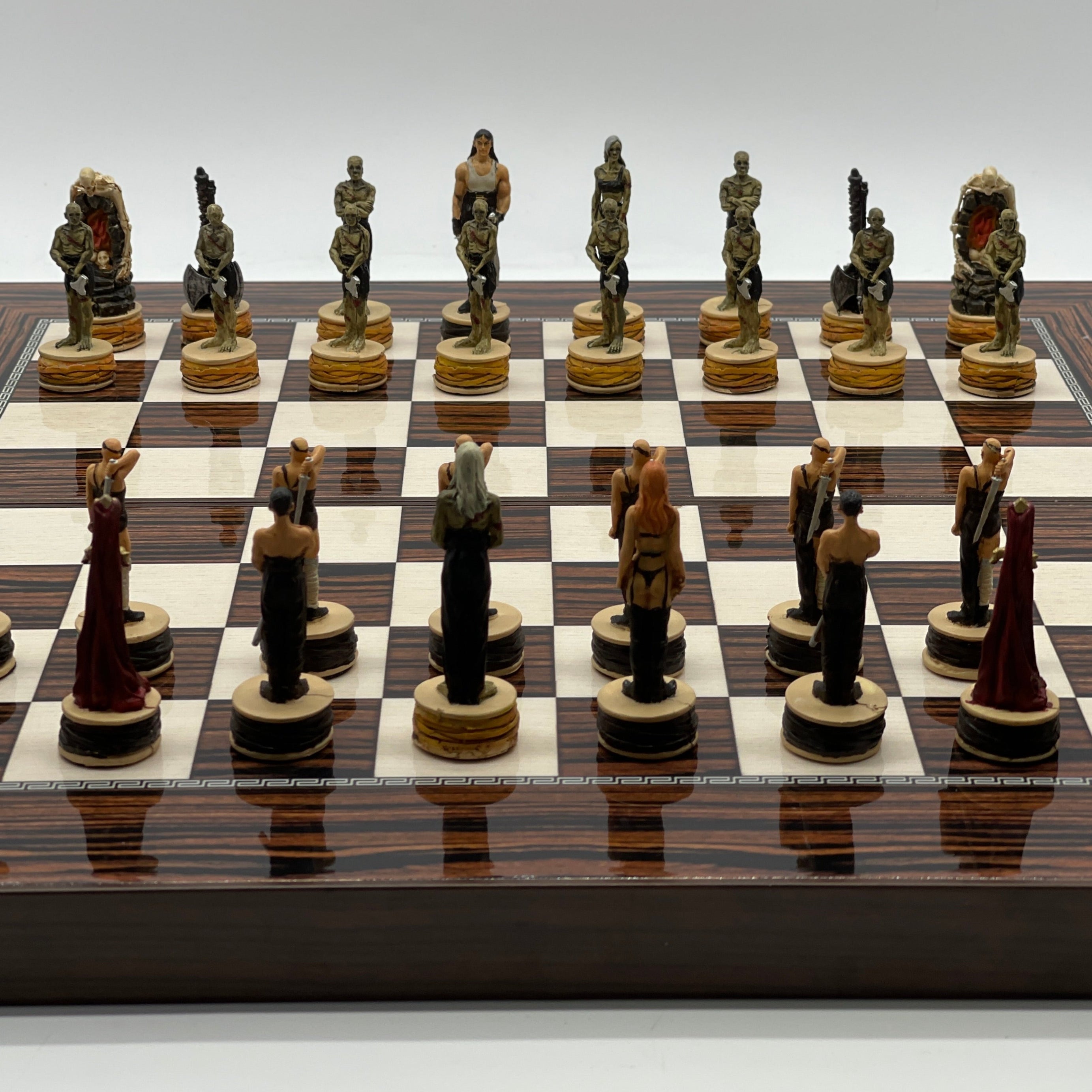 Handmade Dark Brown Pattern Backgammon Set With Zombies Chess Pieces