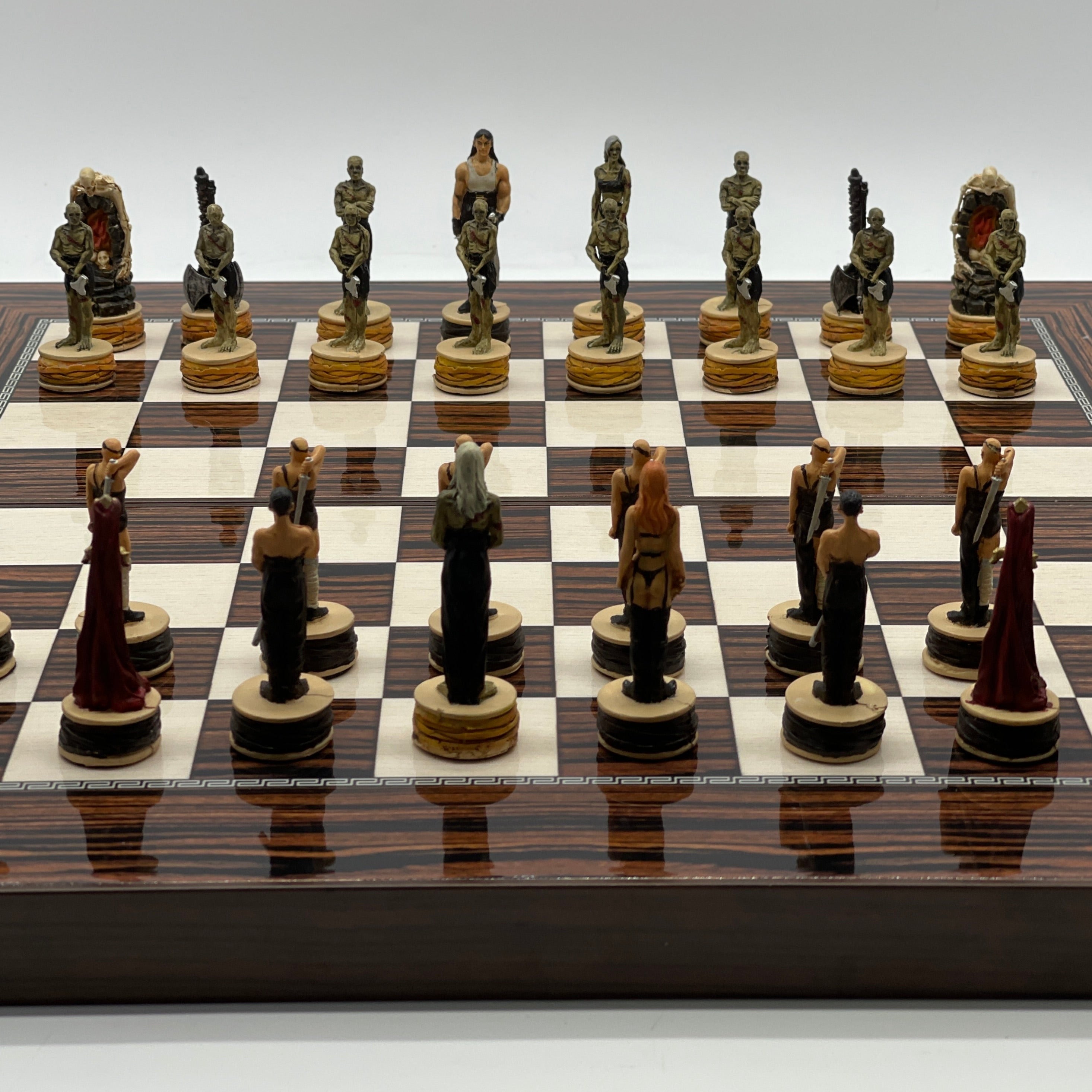 Handmade Dark Brown Pattern Backgammon Set With Zombies Chess Pieces
