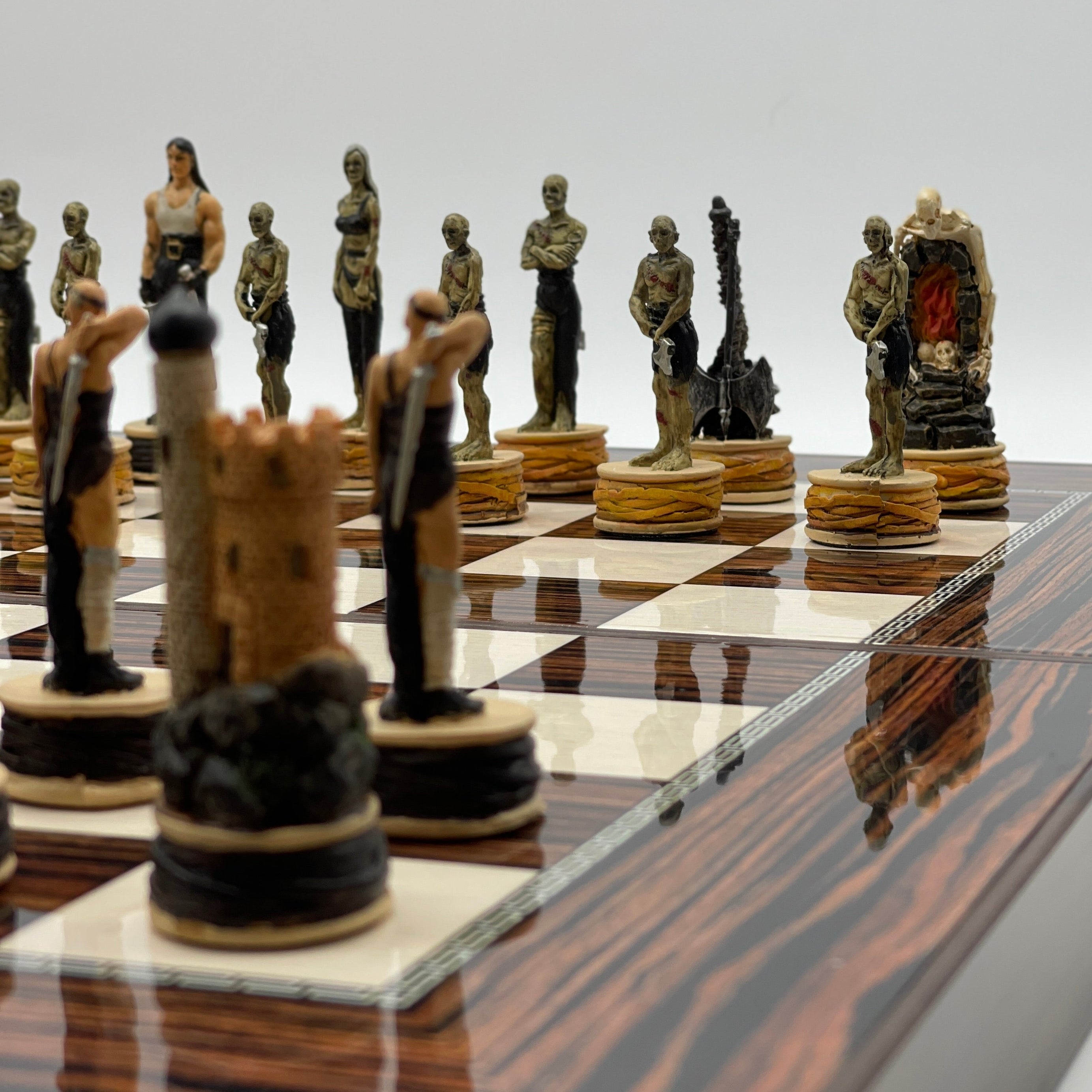 Handmade Dark Brown Pattern Backgammon Set With Zombies Chess Pieces