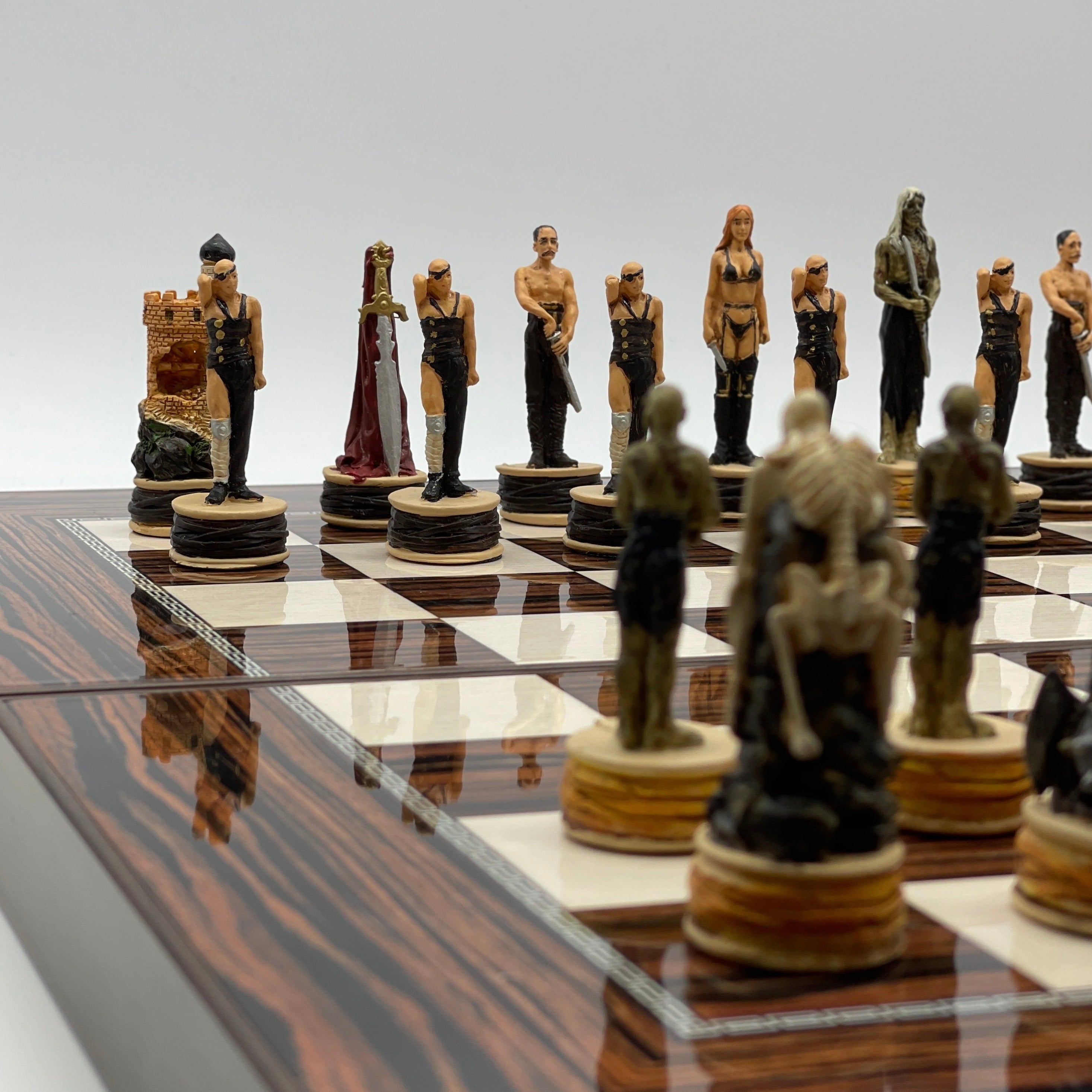 Handmade Dark Brown Pattern Backgammon Set With Zombies Chess Pieces