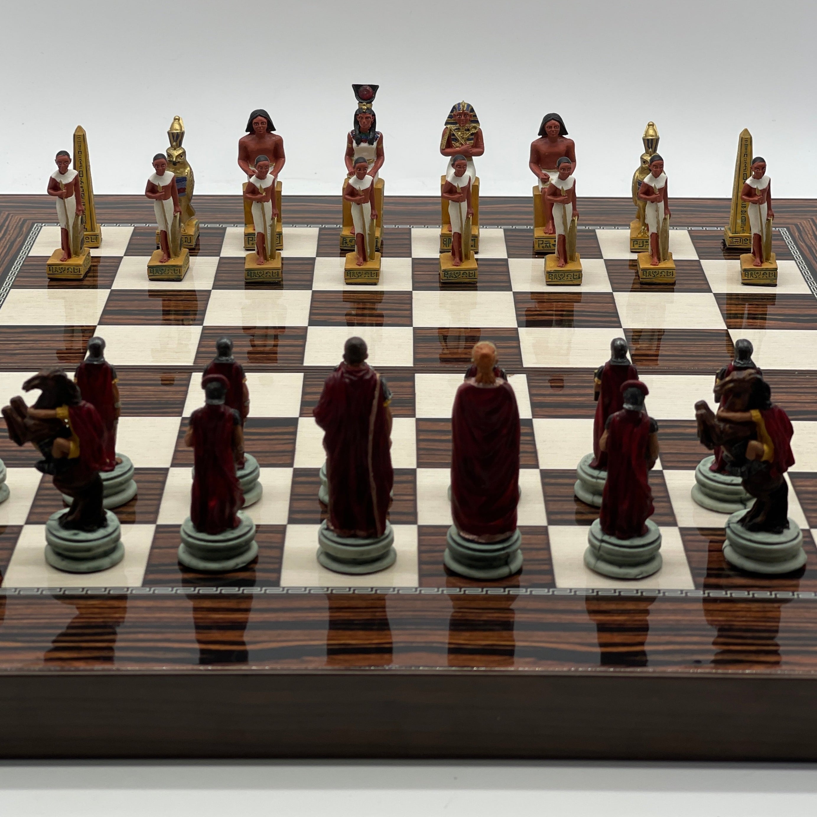 Handmade Dark Brown Pattern Backgammon Set With Egyptian Chess Pieces